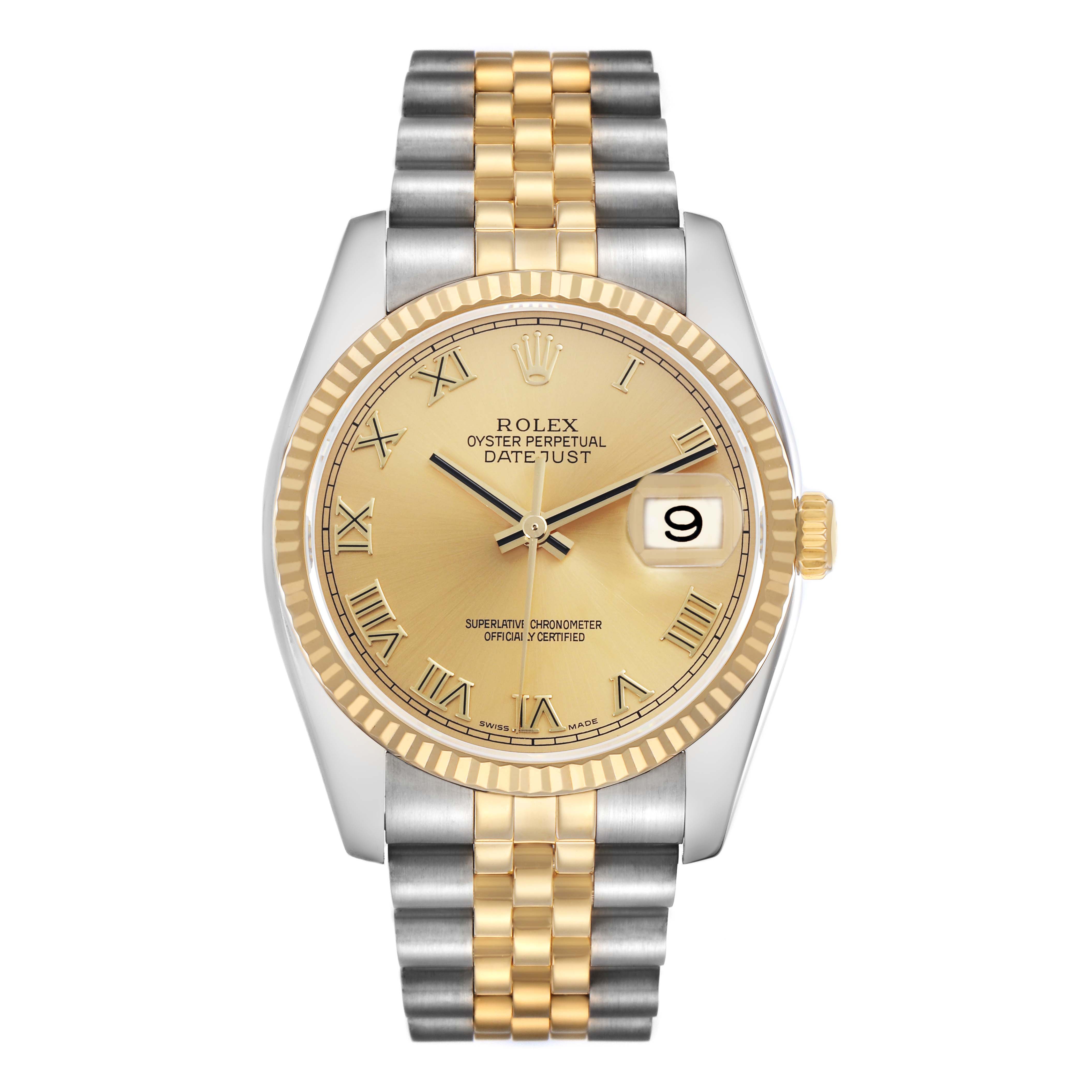 The Rolex Datejust 116233 Men
s Steel and Gold (two tone) Champagne Dial 116233 Men
s Steel and Gold (two tone) Champagne Dial watch is shown from a top-down angle, highlighting the dial, bezel, and two-tone bracelet.