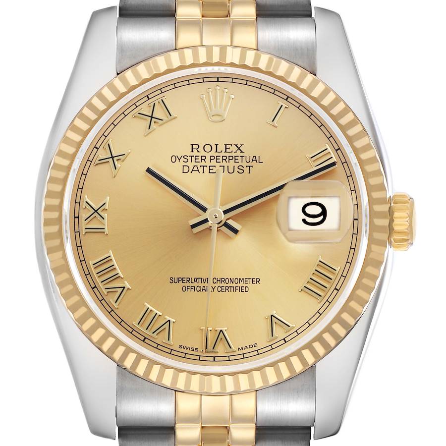 The Rolex Datejust watch is shown from a frontal angle, highlighting its gold dial, fluted bezel, date window, and two-tone bracelet.