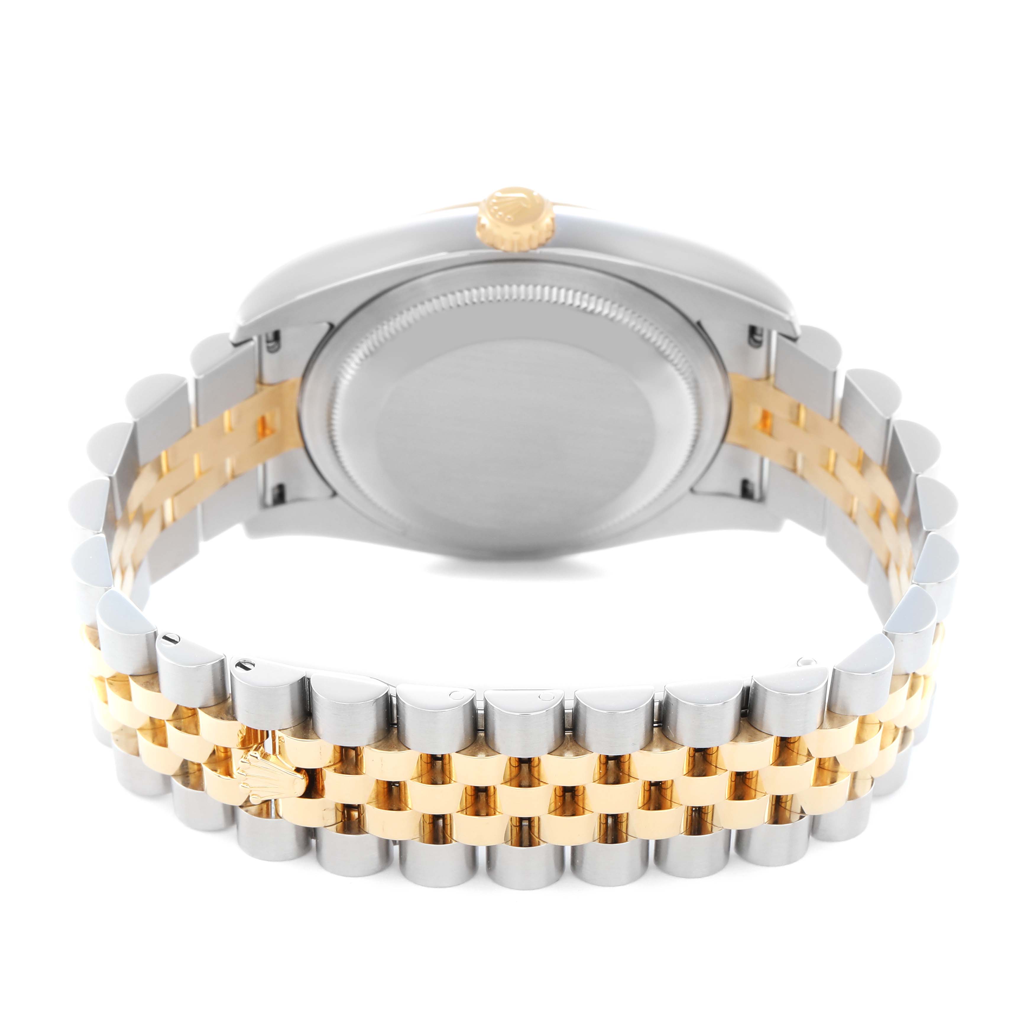 The image shows the back view of a Rolex Datejust 116233 Men
s Steel and Gold (two tone) Champagne Dial 116233 Men
s Steel and Gold (two tone) Champagne Dial watch, highlighting the case back and two-tone bracelet.