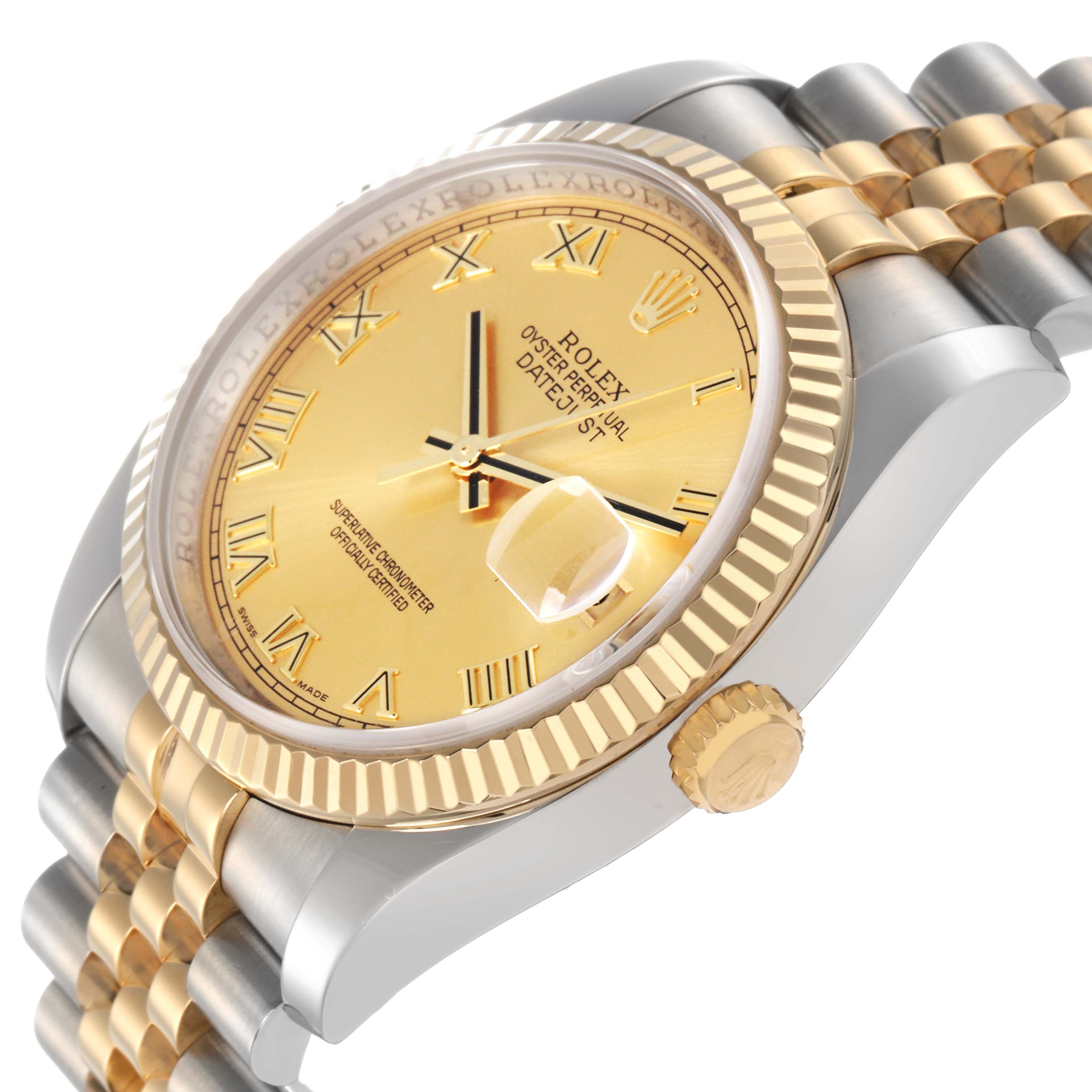 The Rolex Datejust 116233 Men
s Steel and Gold (two tone) Champagne Dial 116233 Men
s Steel and Gold (two tone) Champagne Dial watch is shown at a slight angle, highlighting its gold dial, bezel, crown, and two-tone bracelet.