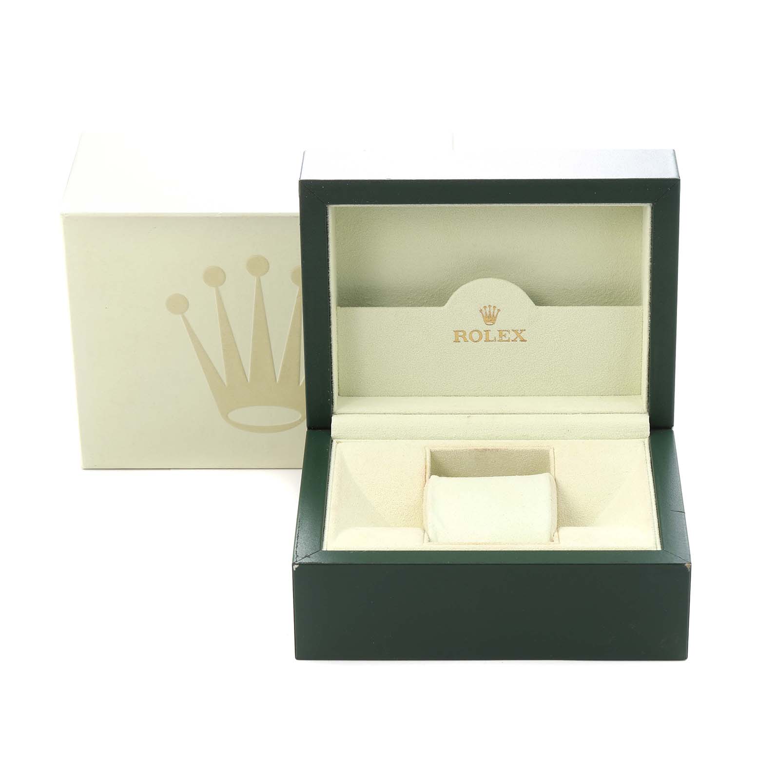 The image shows an open Rolex Datejust 116233 Men
s Steel and Gold (two tone) Champagne Dial 116233 Men
s Steel and Gold (two tone) Champagne Dial watch box set at a straight-on angle, highlighting the cushion and inner compartment.