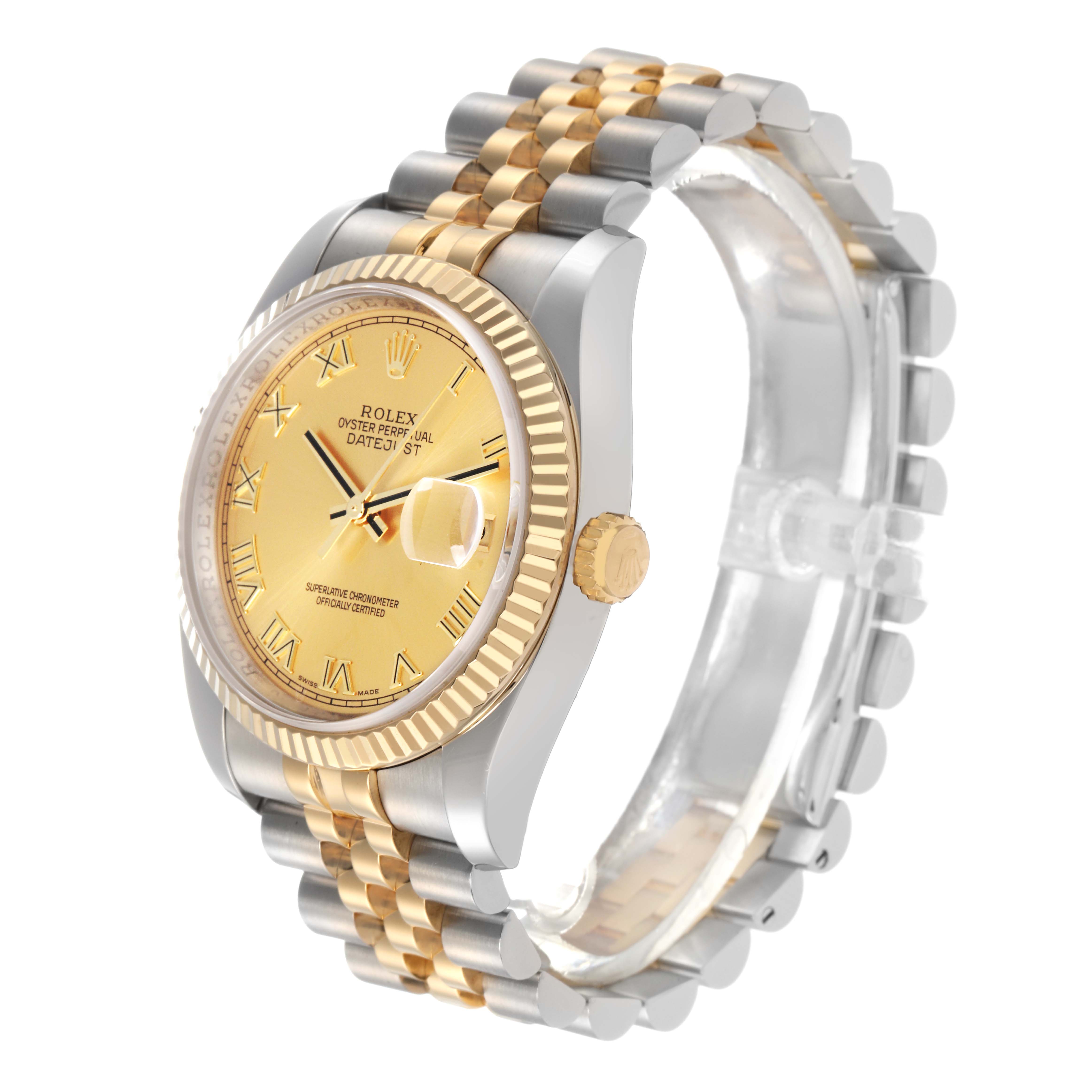 The Rolex Datejust 116233 Men
s Steel and Gold (two tone) Champagne Dial 116233 Men
s Steel and Gold (two tone) Champagne Dial watch is viewed at an oblique angle, showing the bezel, crown, dial, and Jubilee bracelet.