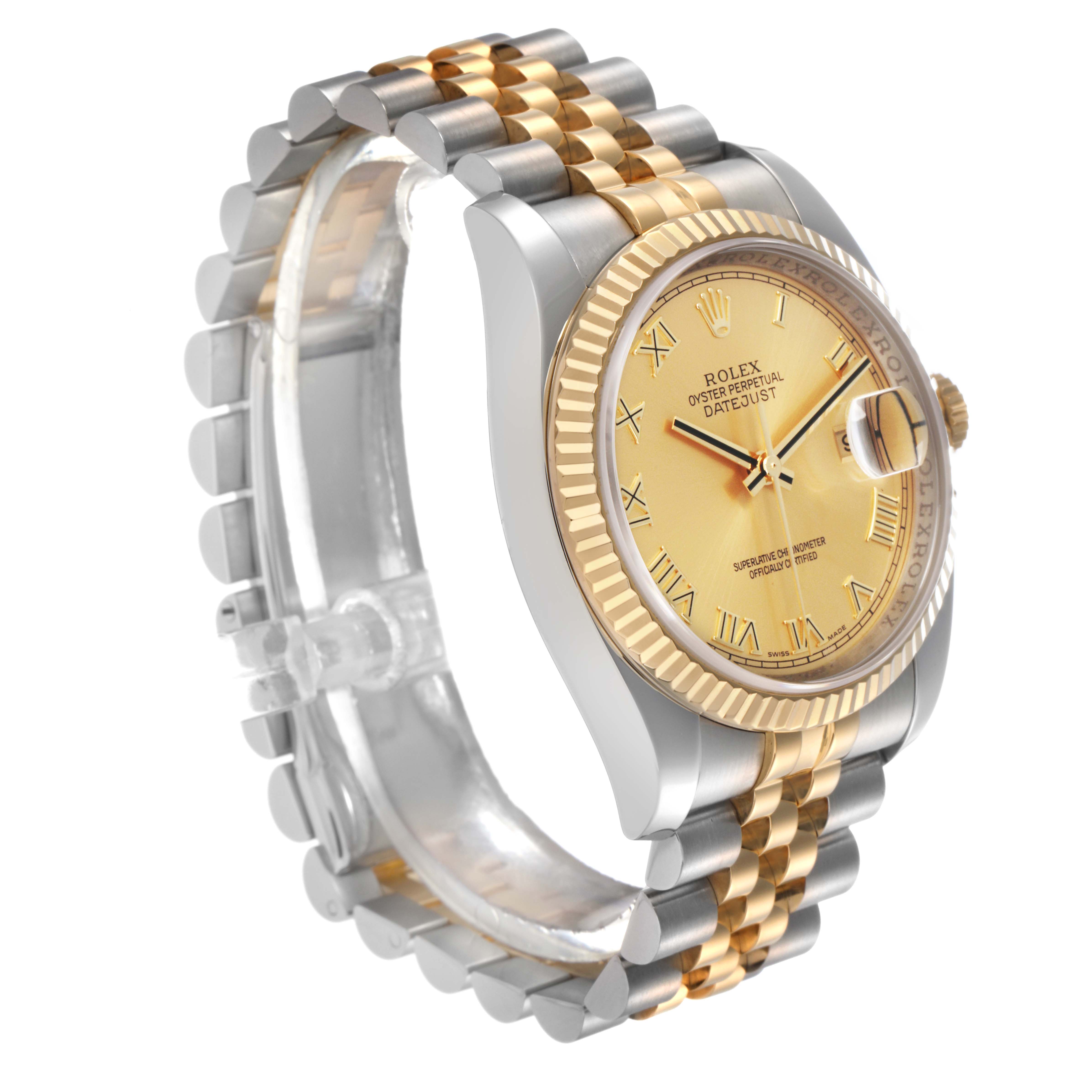 The Rolex Datejust 116233 Men
s Steel and Gold (two tone) Champagne Dial 116233 Men
s Steel and Gold (two tone) Champagne Dial watch is shown at an angle highlighting the face, fluted bezel, and two-tone Jubilee bracelet.