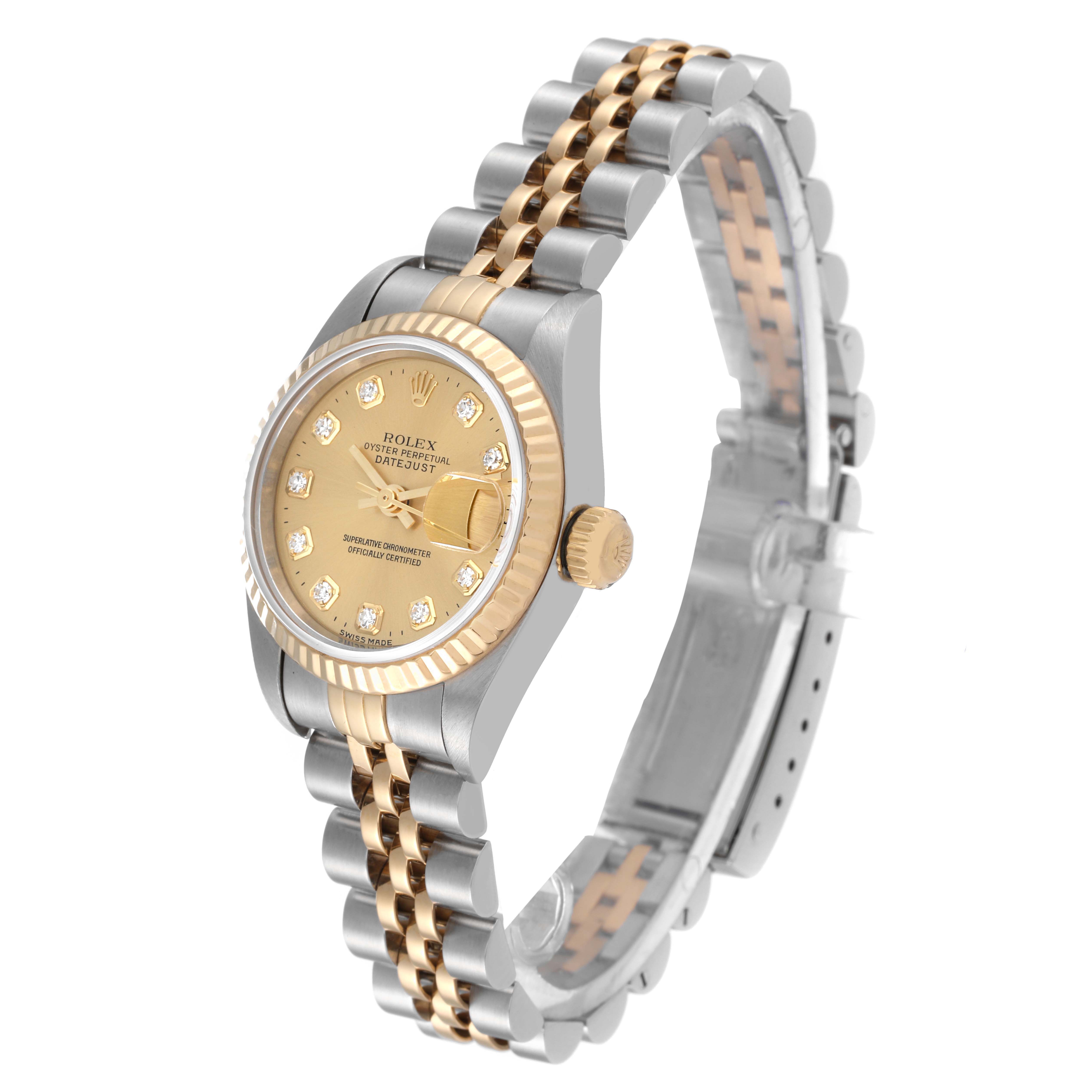 This image shows a Rolex Datejust 69173 Women's Steel and Gold (two tone) Champagne Dial 69173 Women's Steel and Gold (two tone) Champagne Dial watch at a three-quarter angle, highlighting the dial, bezel, crown, and two-tone bracelet.