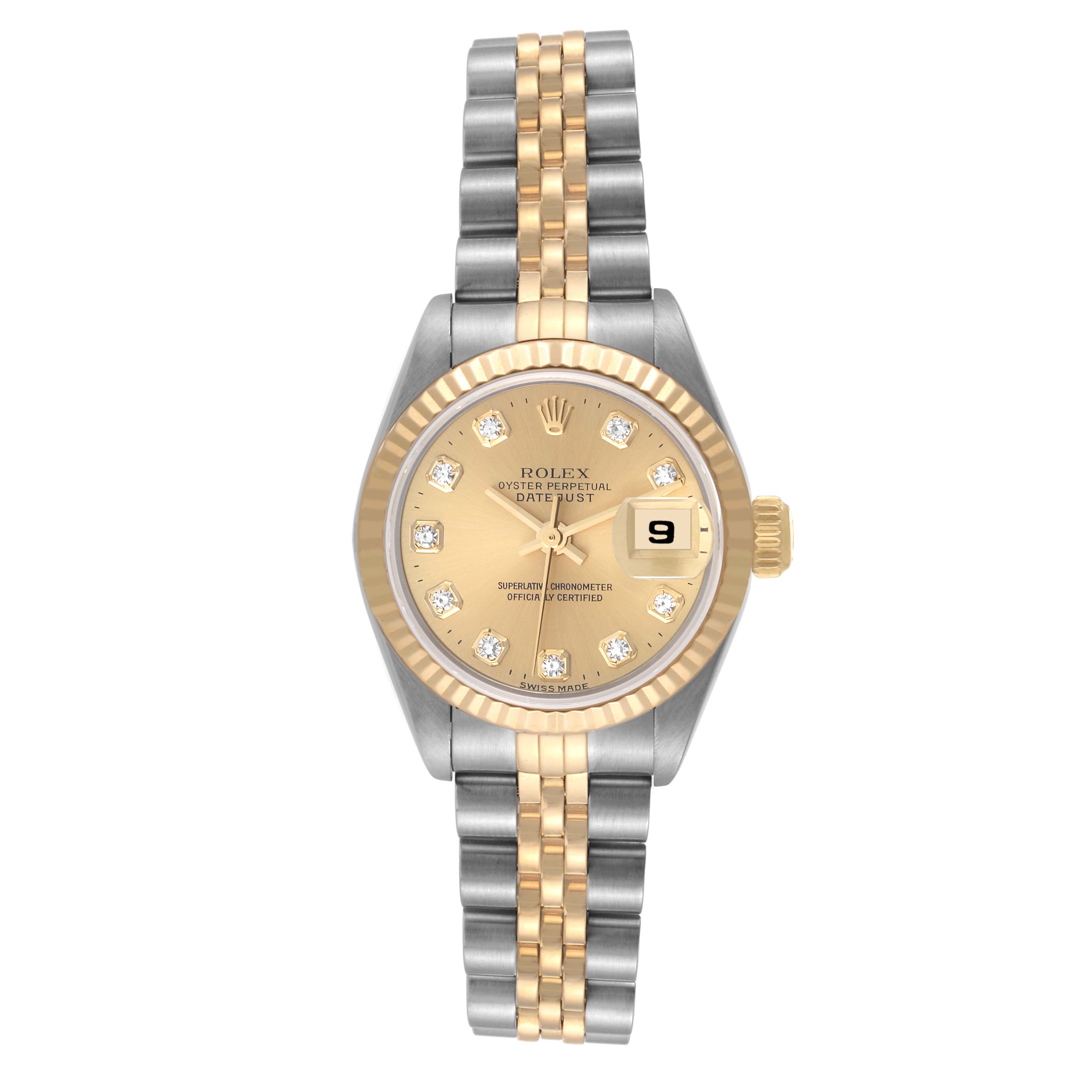 The Rolex Datejust 69173 Women's Steel and Gold (two tone) Champagne Dial 69173 Women's Steel and Gold (two tone) Champagne Dial watch is shown from a top-down angle, displaying the face, bezel, and bracelet.