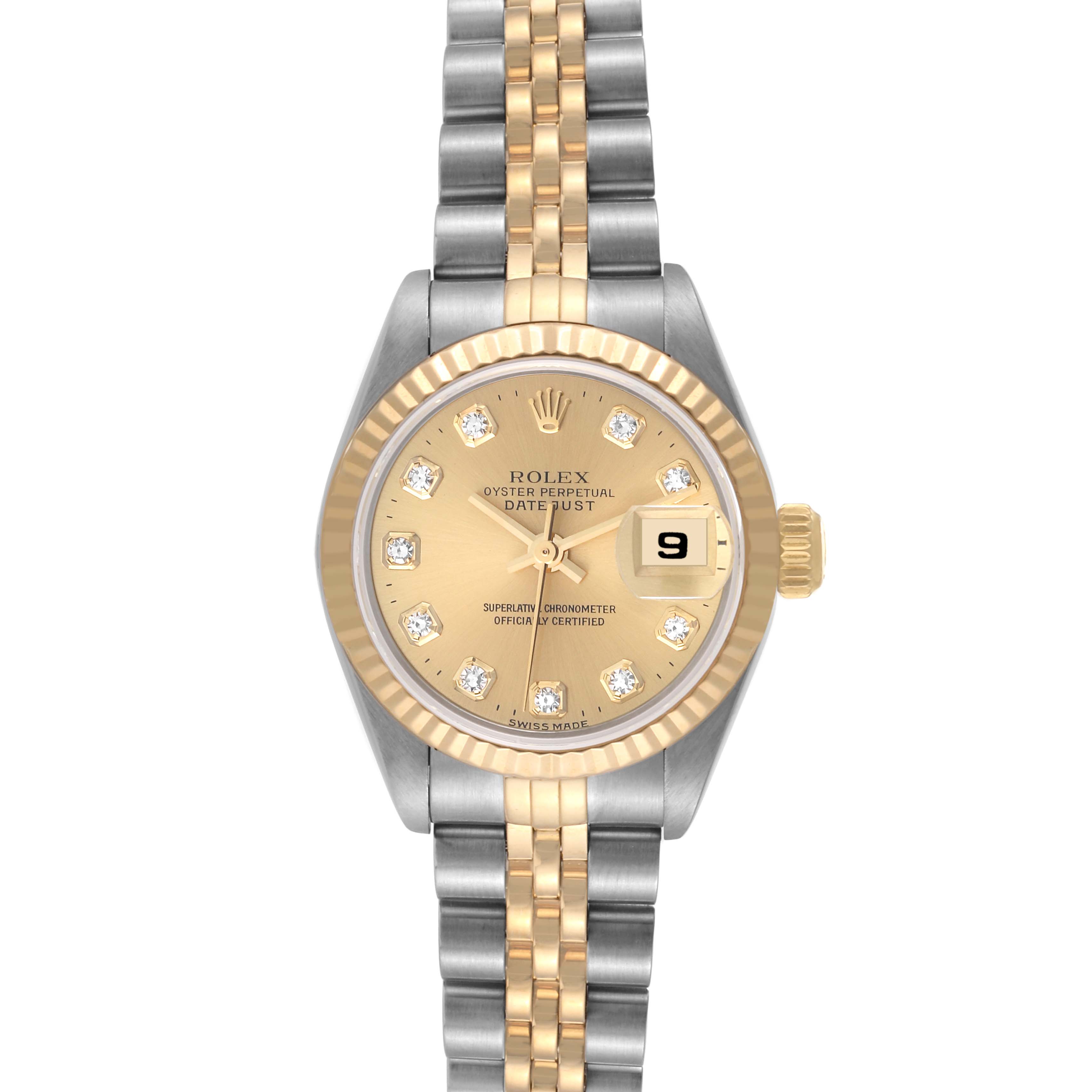 The image shows the front view of the Rolex Datejust 69173 Women's Steel and Gold (two tone) Champagne Dial 69173 Women's Steel and Gold (two tone) Champagne Dial watch, highlighting its dial, bezel, bracelet, and date display.