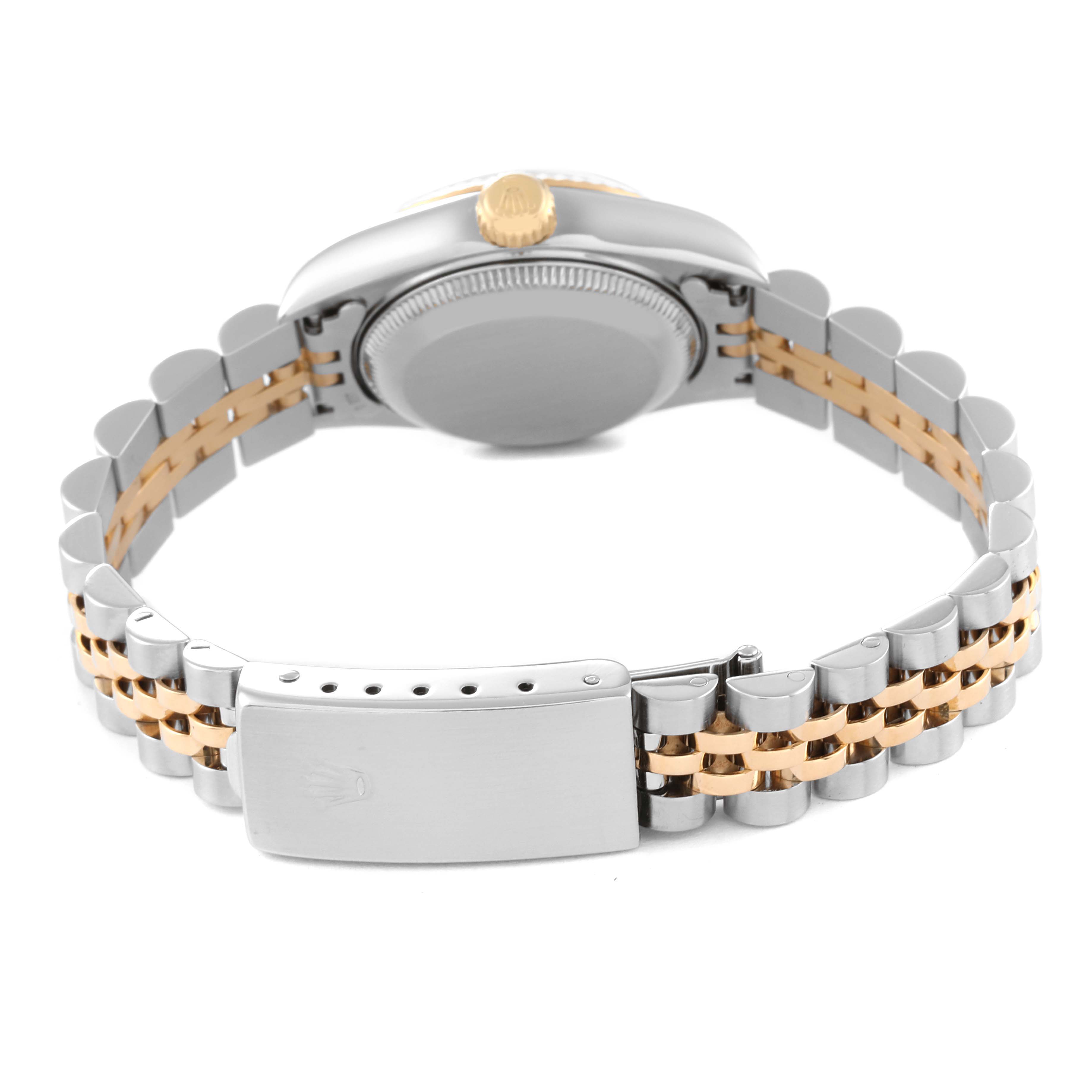 The image shows the back and band of a Rolex Datejust 69173 Women's Steel and Gold (two tone) Champagne Dial 69173 Women's Steel and Gold (two tone) Champagne Dial watch, highlighting the clasp and bicolor bracelet.