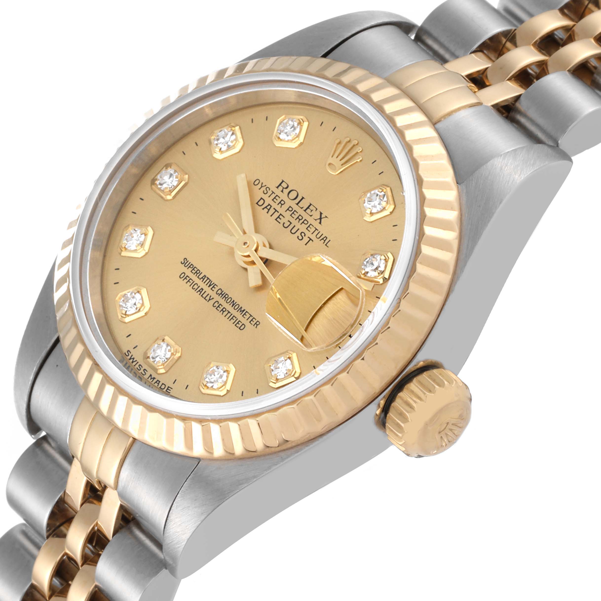 The image shows a close-up of the Rolex Datejust 69173 Women's Steel and Gold (two tone) Champagne Dial 69173 Women's Steel and Gold (two tone) Champagne Dial watch, highlighting its gold dial, diamond markers, and two-tone bracelet.