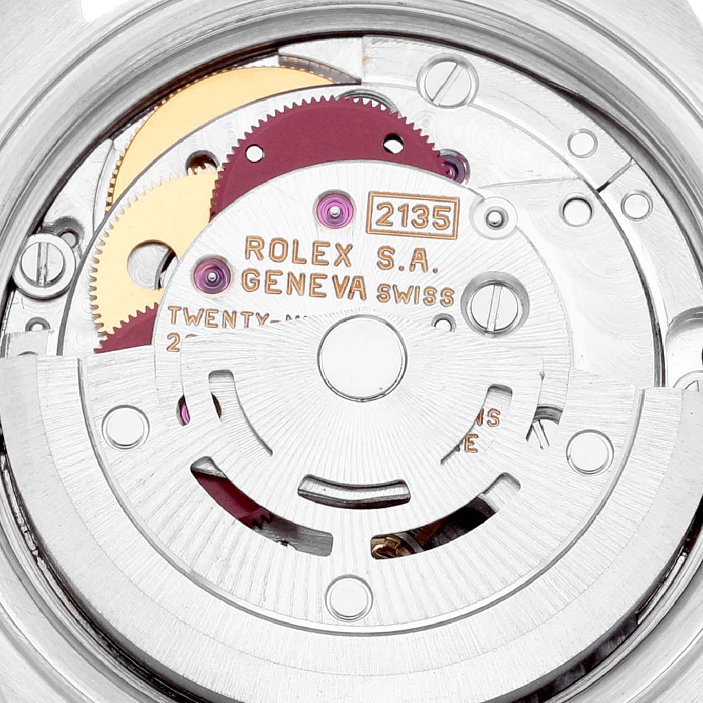 The image shows the intricate internal mechanism of a Rolex Datejust 69173 Women's Steel and Gold (two tone) Champagne Dial 69173 Women's Steel and Gold (two tone) Champagne Dial watch, focusing on the movement and gears.