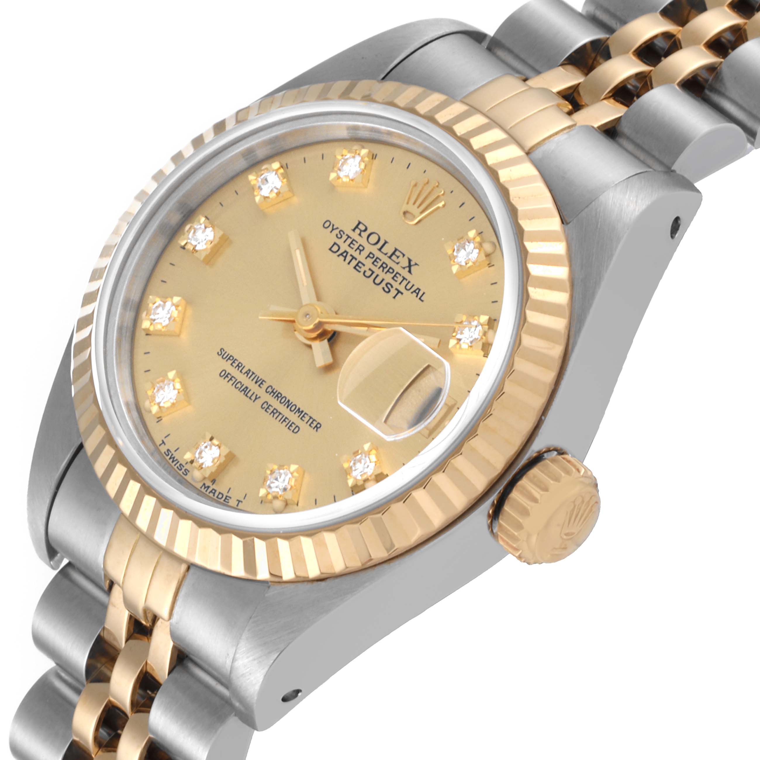 This image shows a Rolex Datejust 69173 Women's Steel and Gold (two tone) Champagne Dial 69173 Women's Steel and Gold (two tone) Champagne Dial watch from an angle highlighting the dial, bezel, crown, and part of the bracelet.
