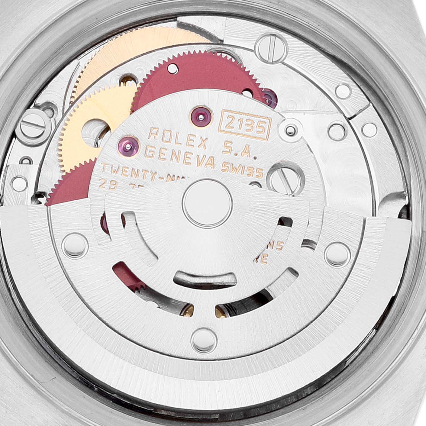 The image shows the internal mechanism of a Rolex Datejust 69173 Women's Steel and Gold (two tone) Champagne Dial 69173 Women's Steel and Gold (two tone) Champagne Dial watch, specifically the movement and gears.
