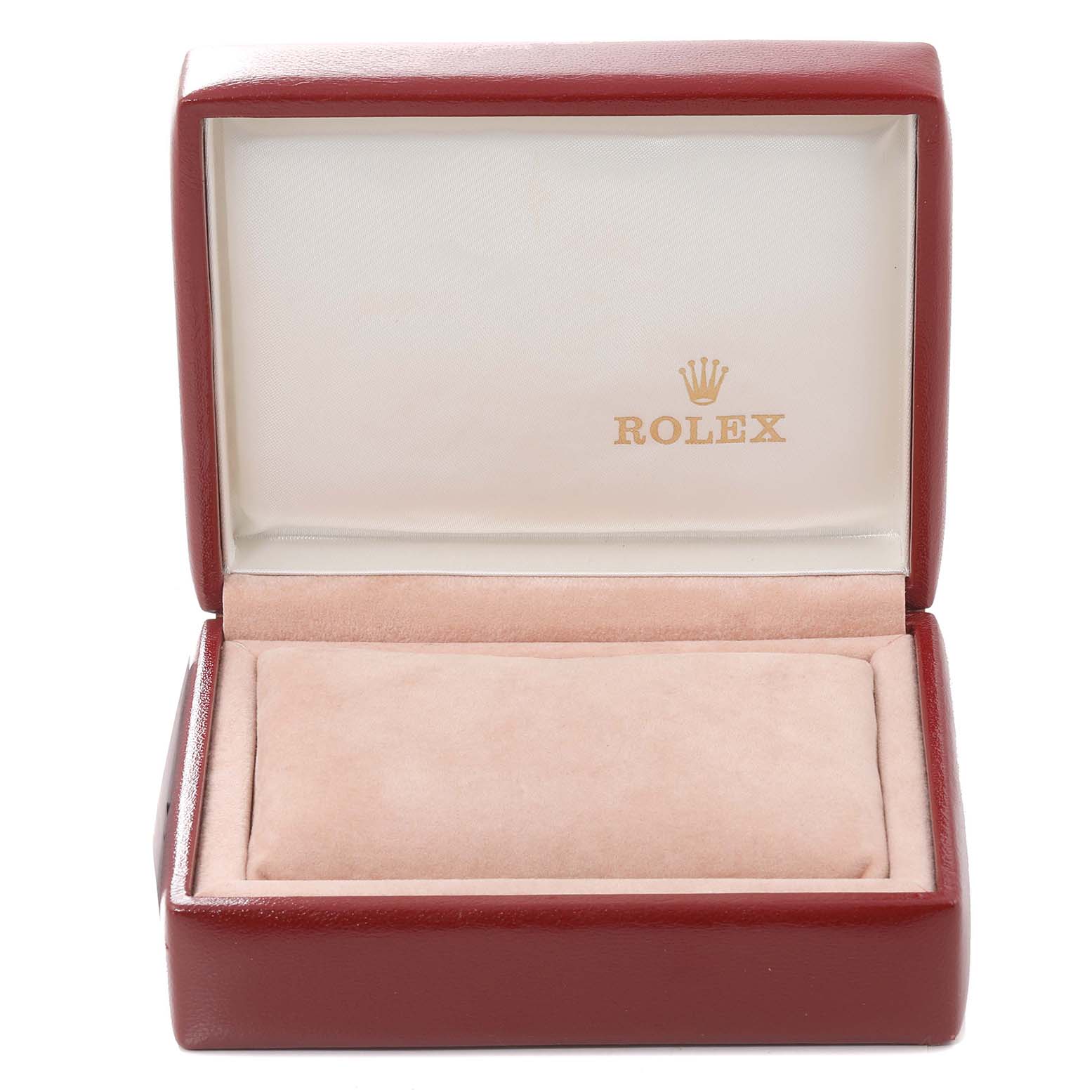 This image shows an open, empty Rolex watch box, designed for the Datejust model.