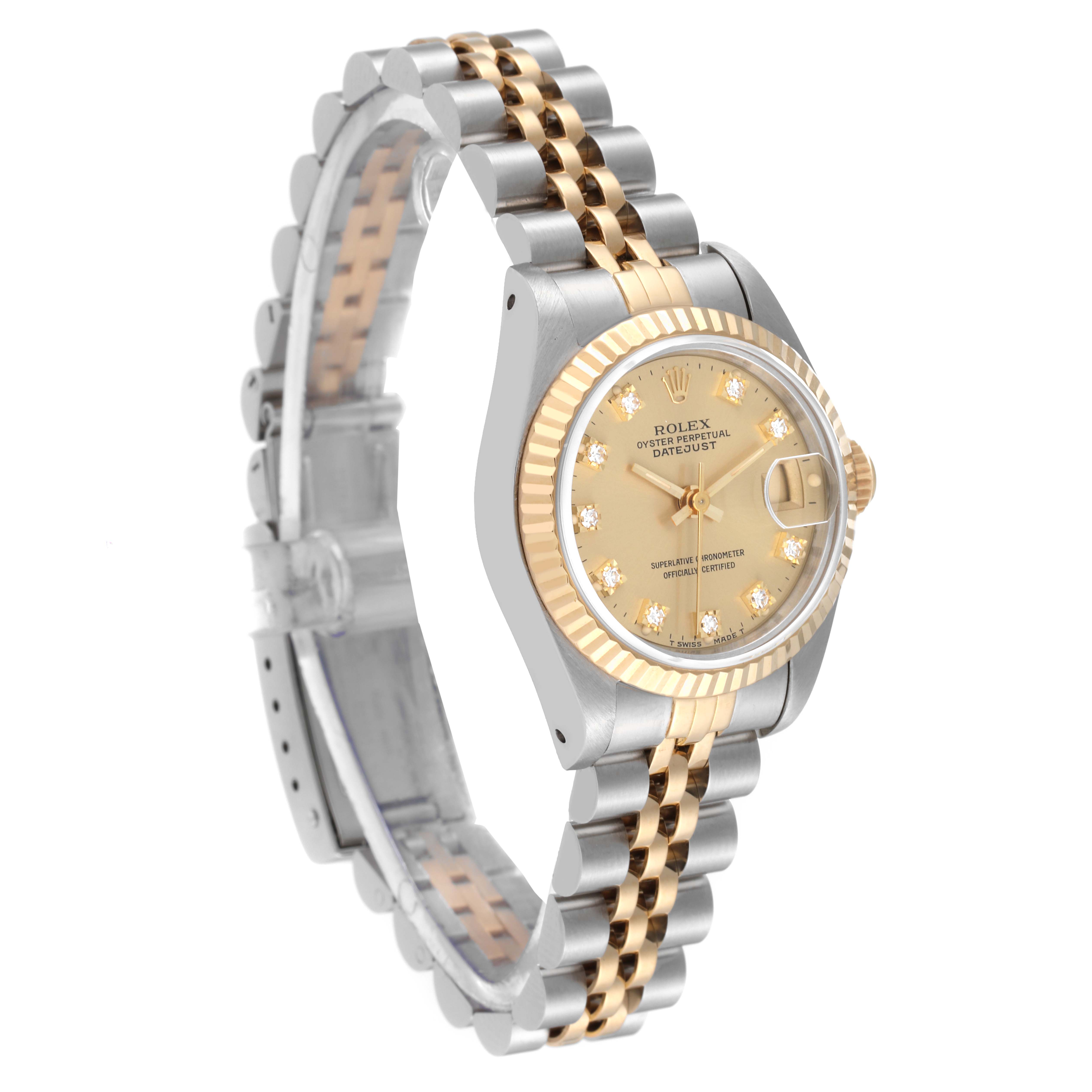 The image shows a side angle view of a Rolex Datejust 69173 Women's Steel and Gold (two tone) Champagne Dial 69173 Women's Steel and Gold (two tone) Champagne Dial watch, featuring its dial, bracelet, and fluted bezel.