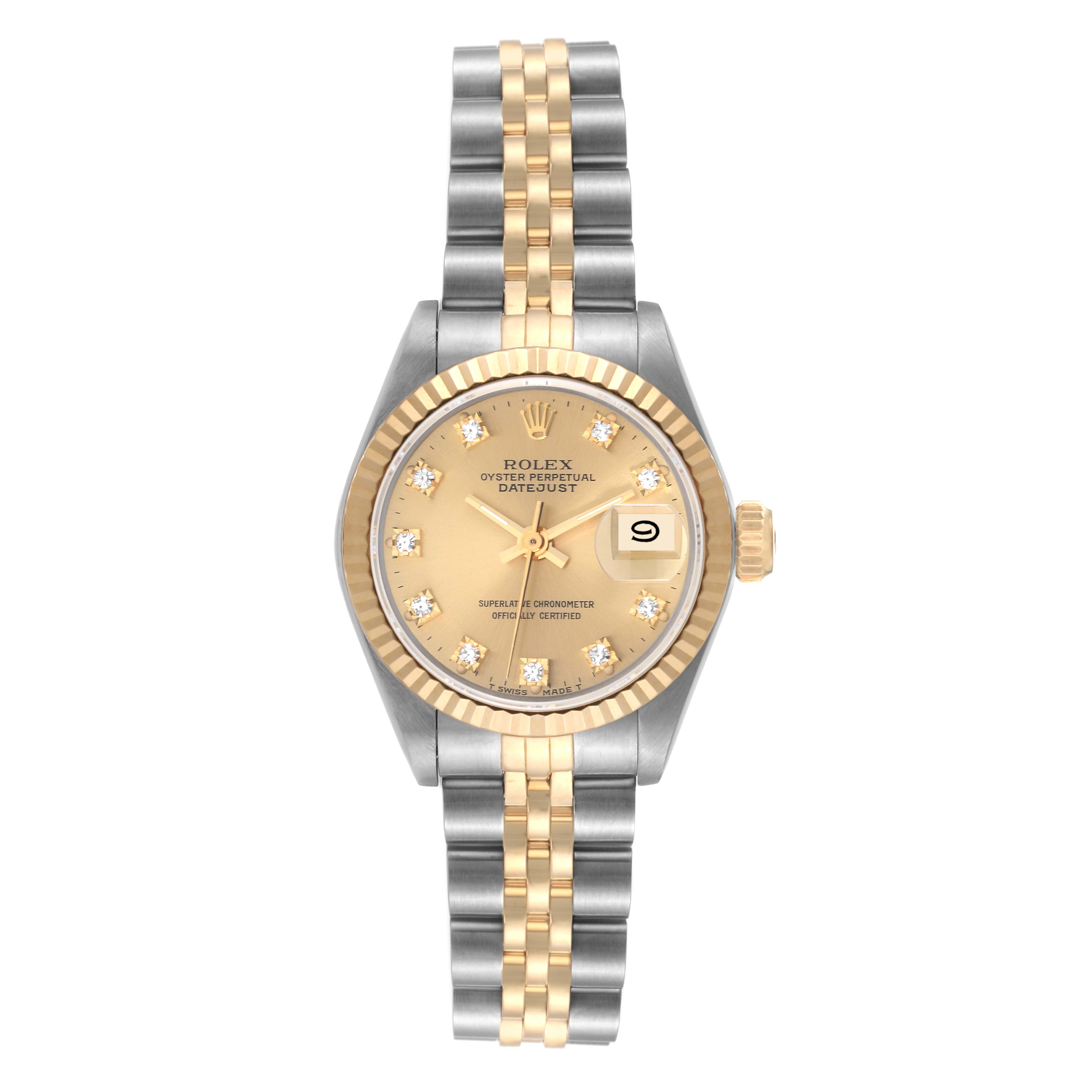 This image shows a Rolex Datejust 69173 Women's Steel and Gold (two tone) Champagne Dial 69173 Women's Steel and Gold (two tone) Champagne Dial watch with a gold and silver jubilee bracelet, gold dial, and a date window at the 3 o'clock position.