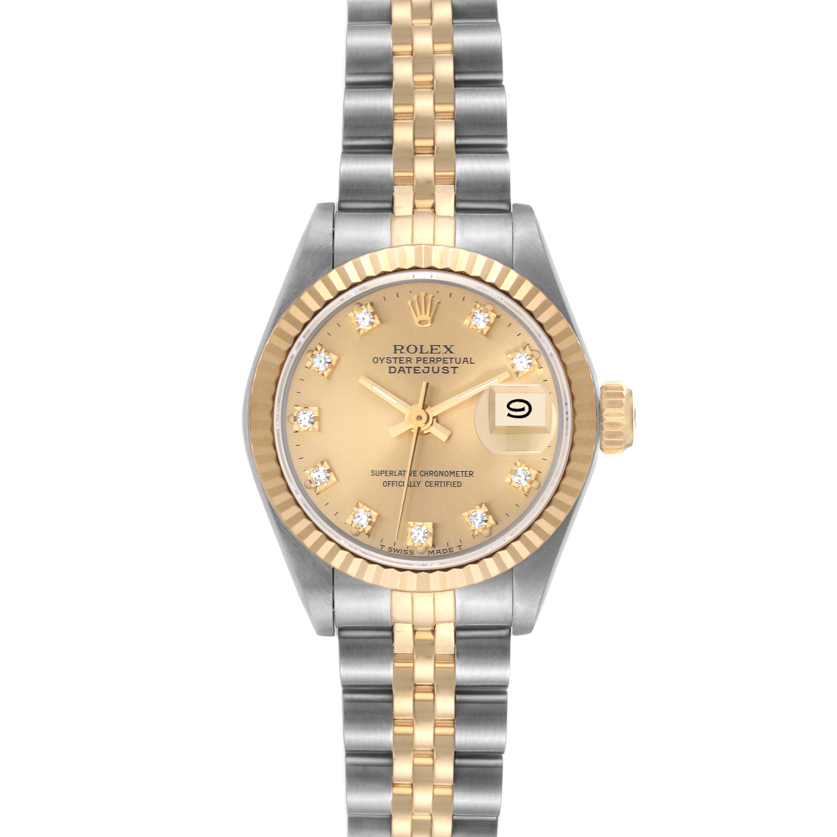 The image shows a Rolex Datejust 69173 Women's Steel and Gold (two tone) Champagne Dial 69173 Women's Steel and Gold (two tone) Champagne Dial watch from a front angle, highlighting the dial, bezel, and two-tone bracelet.