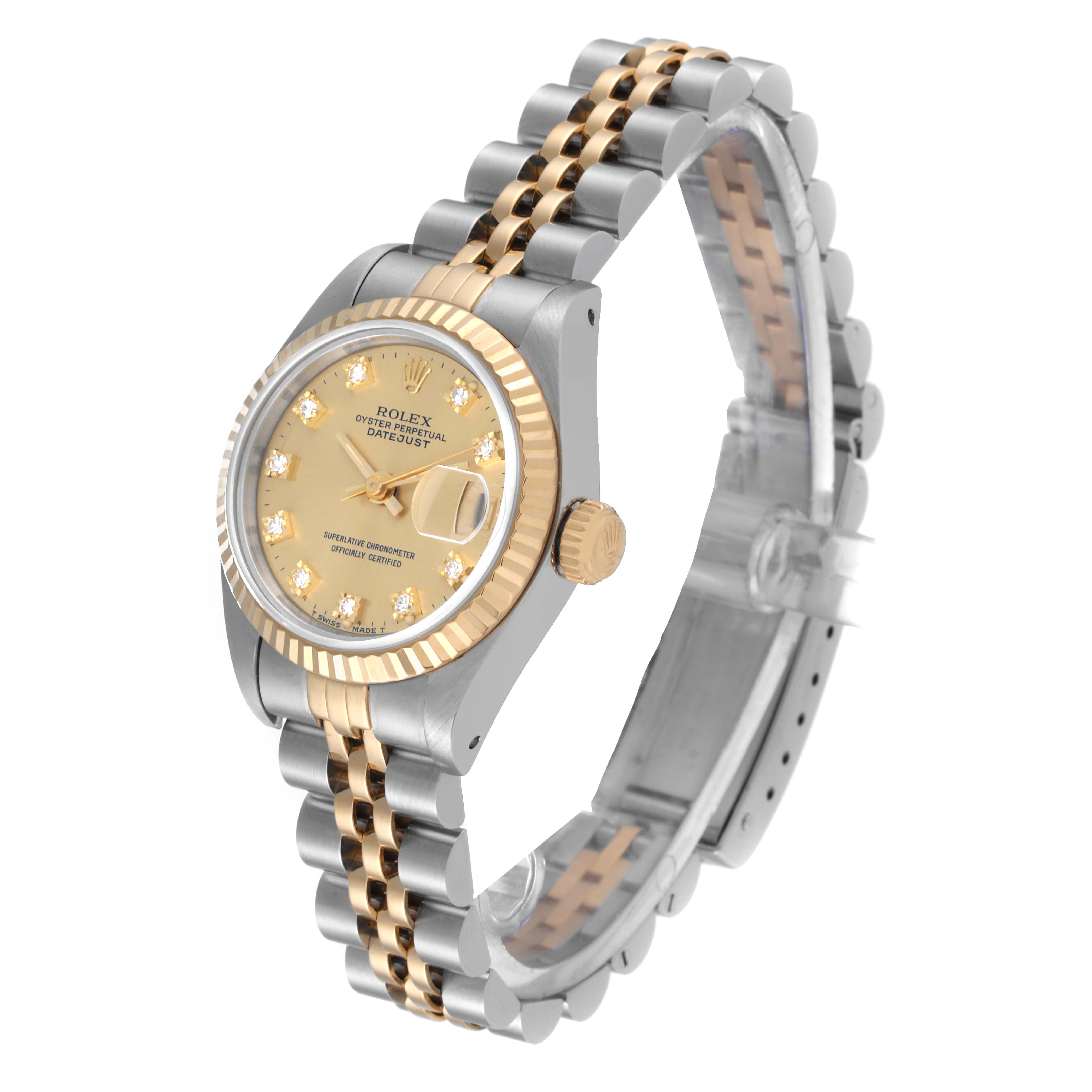 The image shows a Rolex Datejust 69173 Women's Steel and Gold (two tone) Champagne Dial 69173 Women's Steel and Gold (two tone) Champagne Dial watch at a slight angle, highlighting its dial, bezel, crown, and two-tone jubilee bracelet.