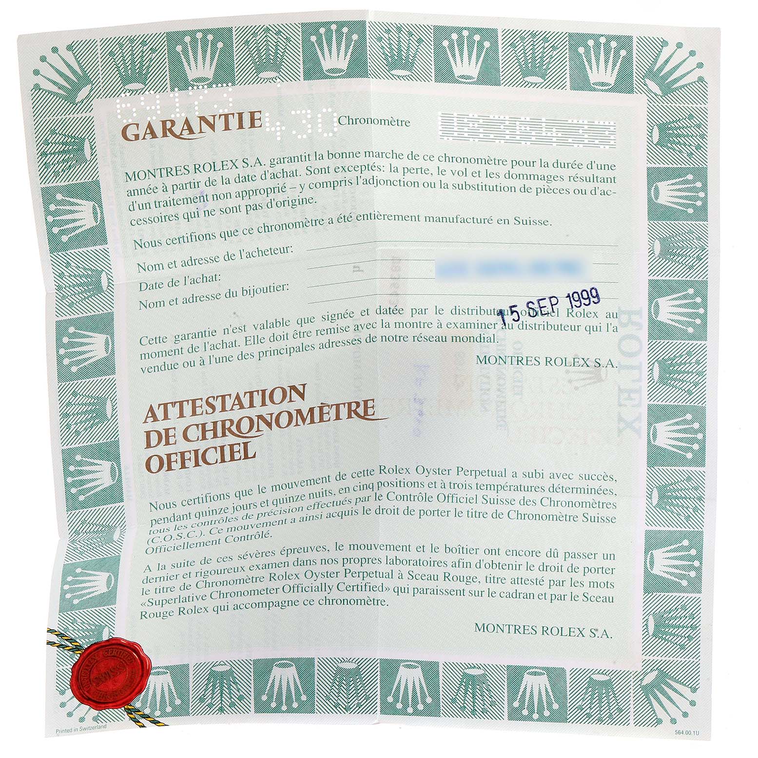 The image shows a document for a Rolex Datejust 69173  Women
s Steel and Gold (two tone) Champagne Dial 69173  Women
s Steel and Gold (two tone) Champagne Dial watch, specifically a Certificate of Best Quality
ity and warranty.