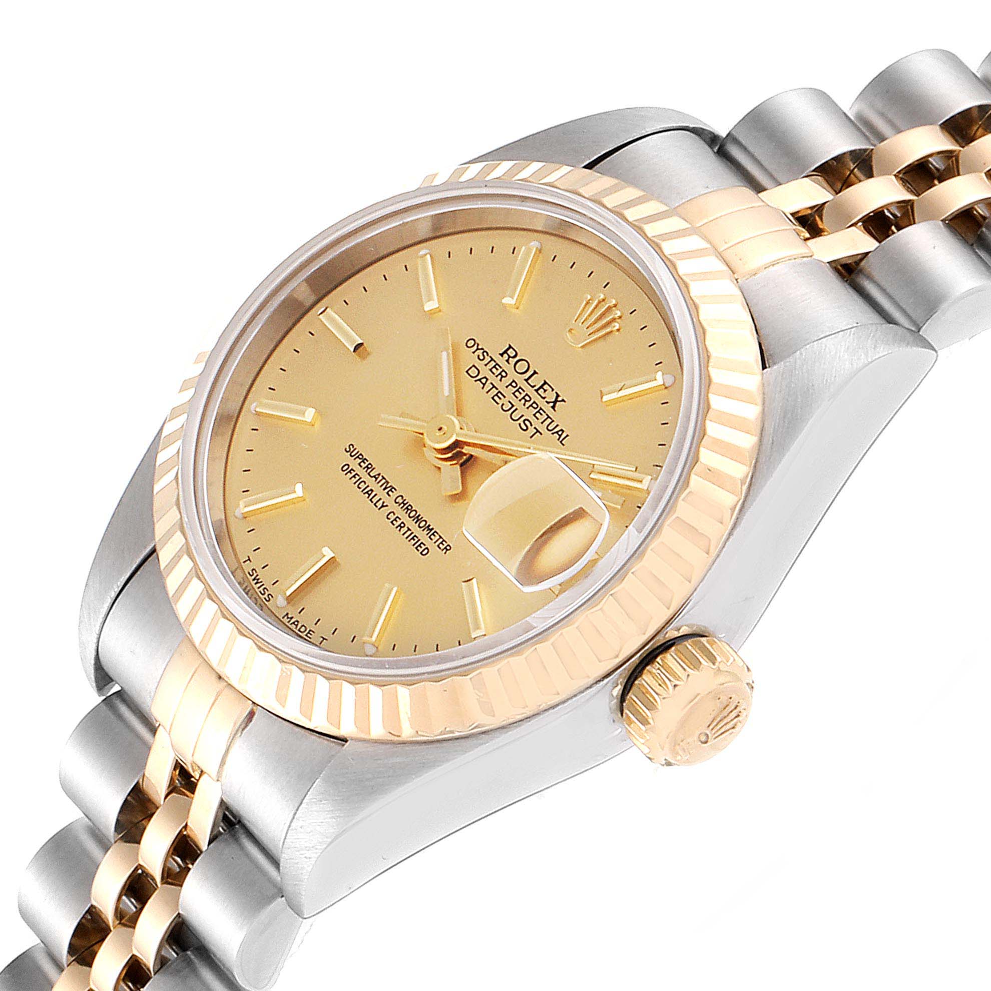 The image shows a close-up angle of the Rolex Datejust 69173  Women
s Steel and Gold (two tone) Champagne Dial 69173  Women
s Steel and Gold (two tone) Champagne Dial watch, highlighting the dial, fluted bezel, and part of the bracelet.