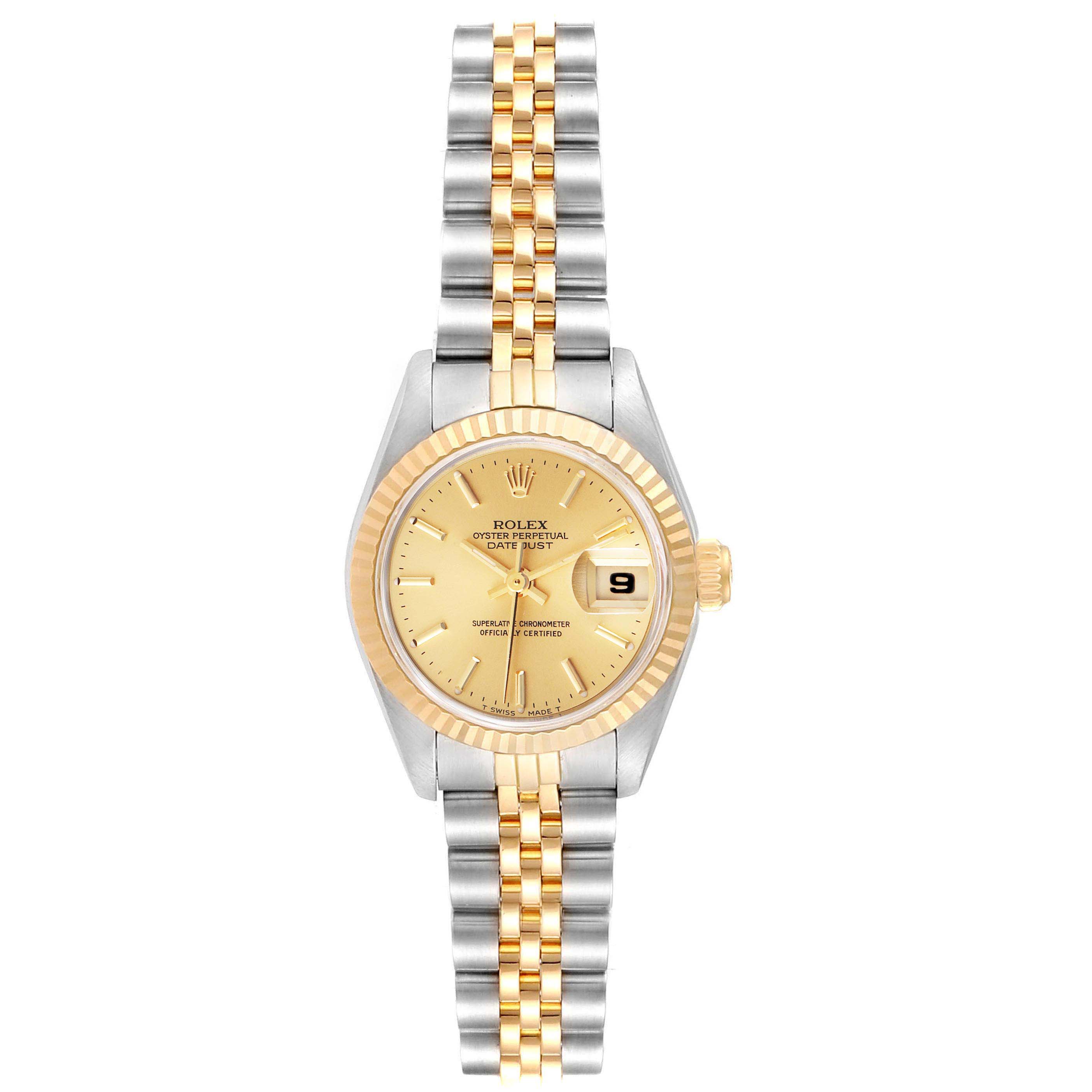 This image shows the front view of a Rolex Datejust 69173  Women
s Steel and Gold (two tone) Champagne Dial 69173  Women
s Steel and Gold (two tone) Champagne Dial watch, highlighting the dial, bezel, and bracelet.