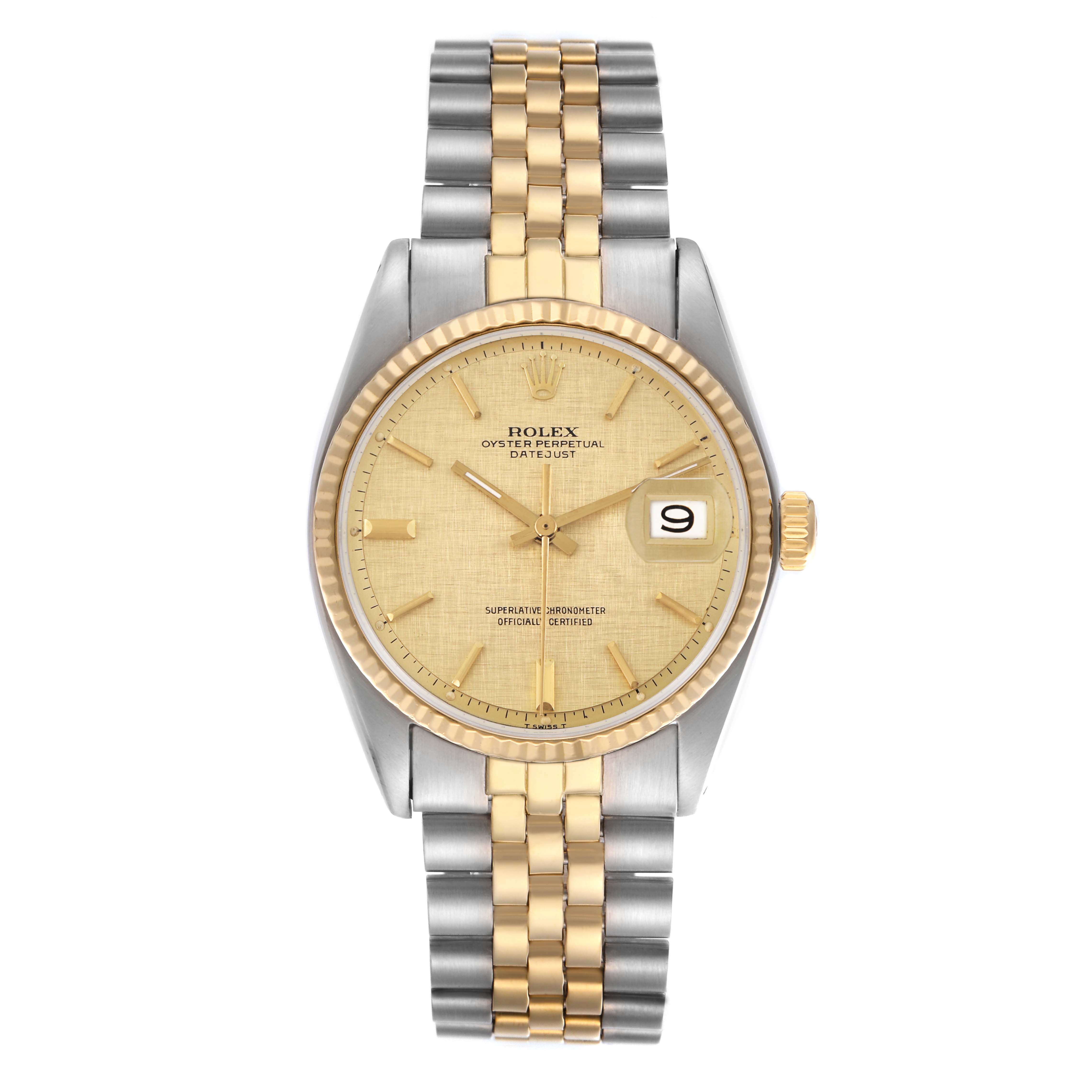 The Rolex Datejust 1603 Men
s Steel and Gold (two tone) Champagne Dial 1603 Men
s Steel and Gold (two tone) Champagne Dial watch is shown from a top-down angle, displaying the face, dial, bezel, and bracelet.