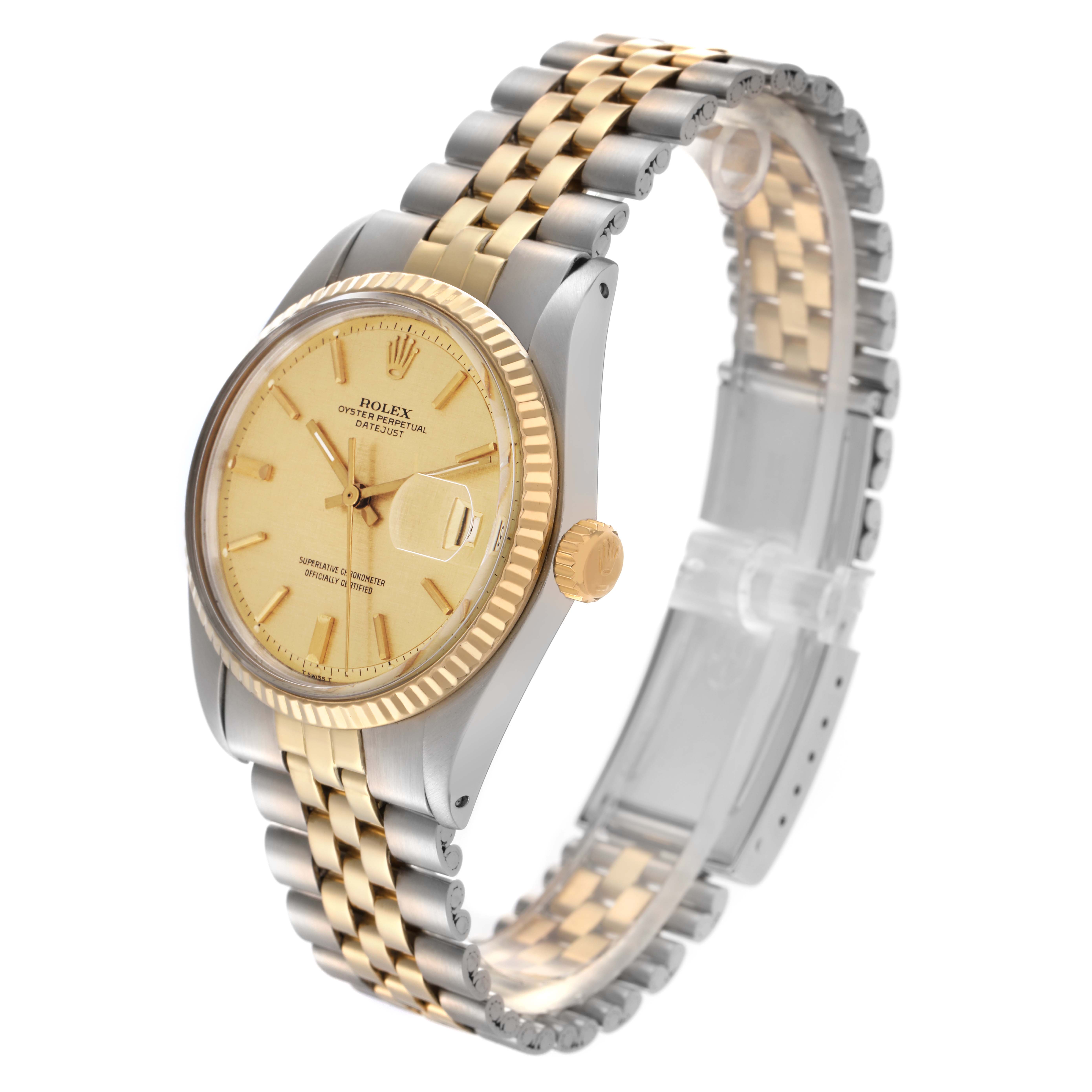 The Rolex Datejust 1603 Men
s Steel and Gold (two tone) Champagne Dial 1603 Men
s Steel and Gold (two tone) Champagne Dial watch is shown at an angle displaying the face, bezel, crown, and two-tone bracelet.