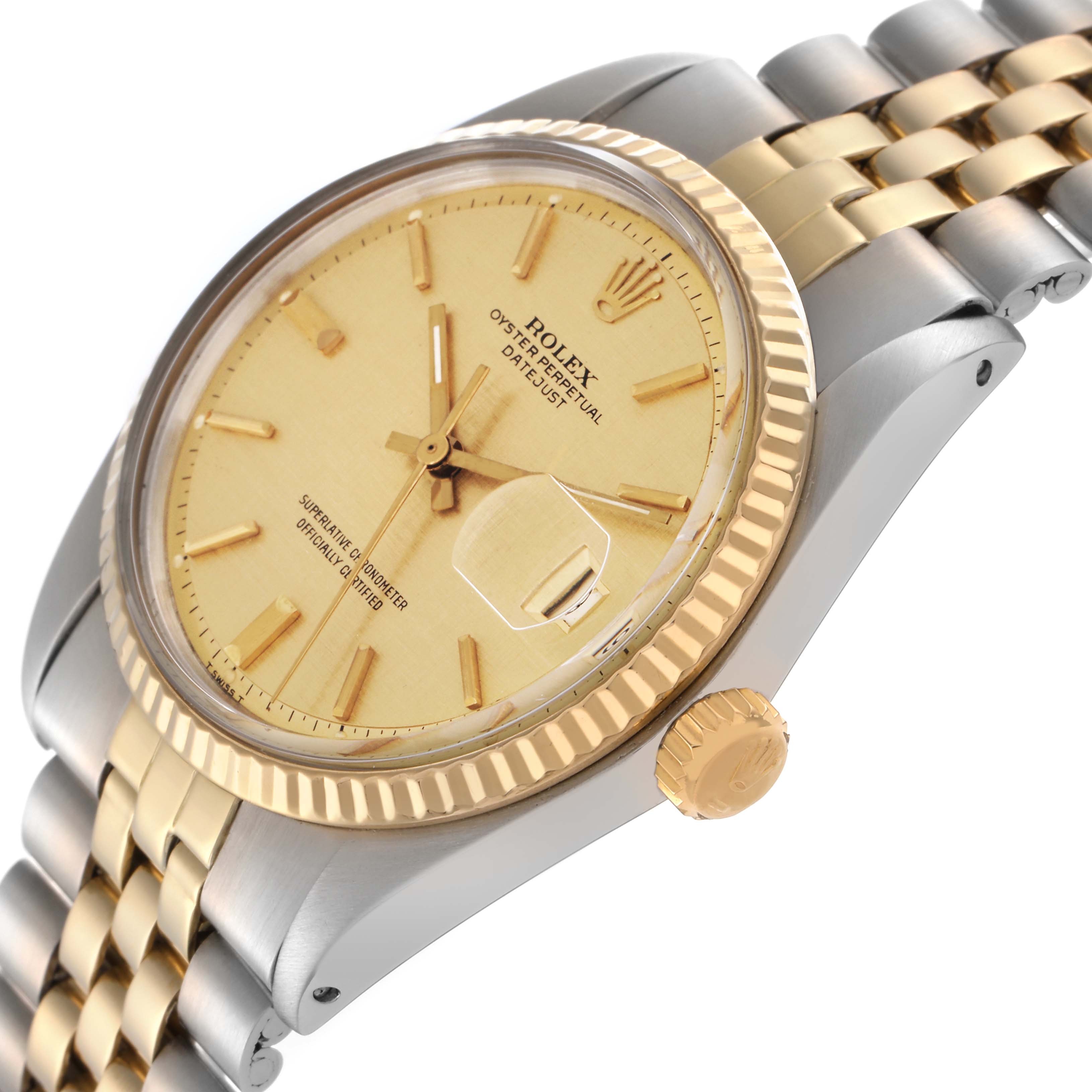 The Rolex Datejust 1603 Men
s Steel and Gold (two tone) Champagne Dial 1603 Men
s Steel and Gold (two tone) Champagne Dial watch is shown from a three-quarter angle, highlighting its gold bezel, crown, and bracelet.