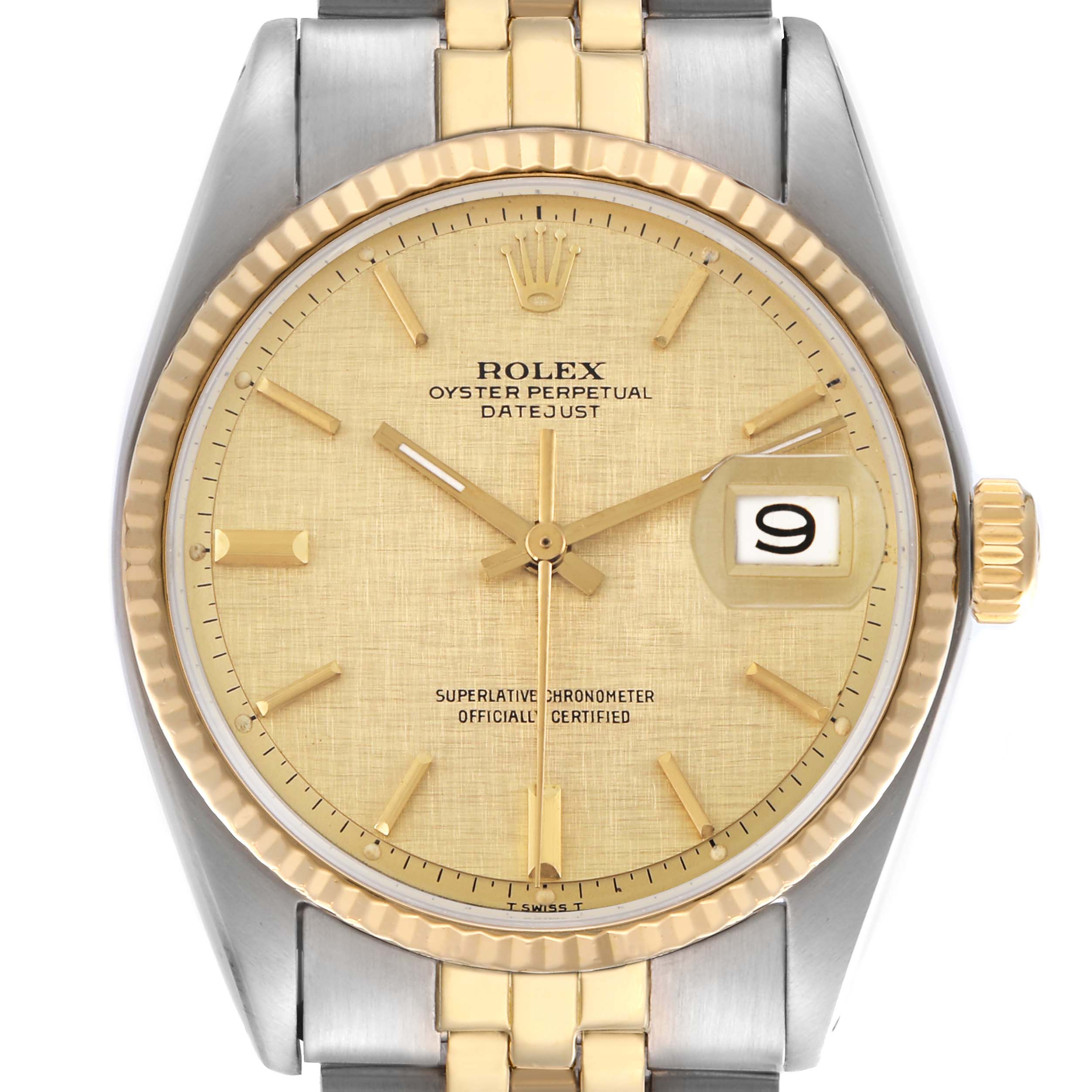 The Rolex Datejust 1603 Men
s Steel and Gold (two tone) Champagne Dial 1603 Men
s Steel and Gold (two tone) Champagne Dial watch is shown from the front, highlighting the dial, bezel, and part of the bracelet.