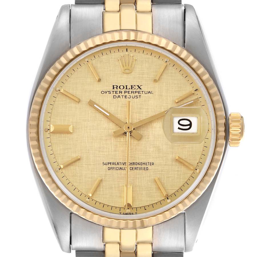 The Rolex Datejust watch is shown from the front, highlighting the dial, bezel, and part of the bracelet.