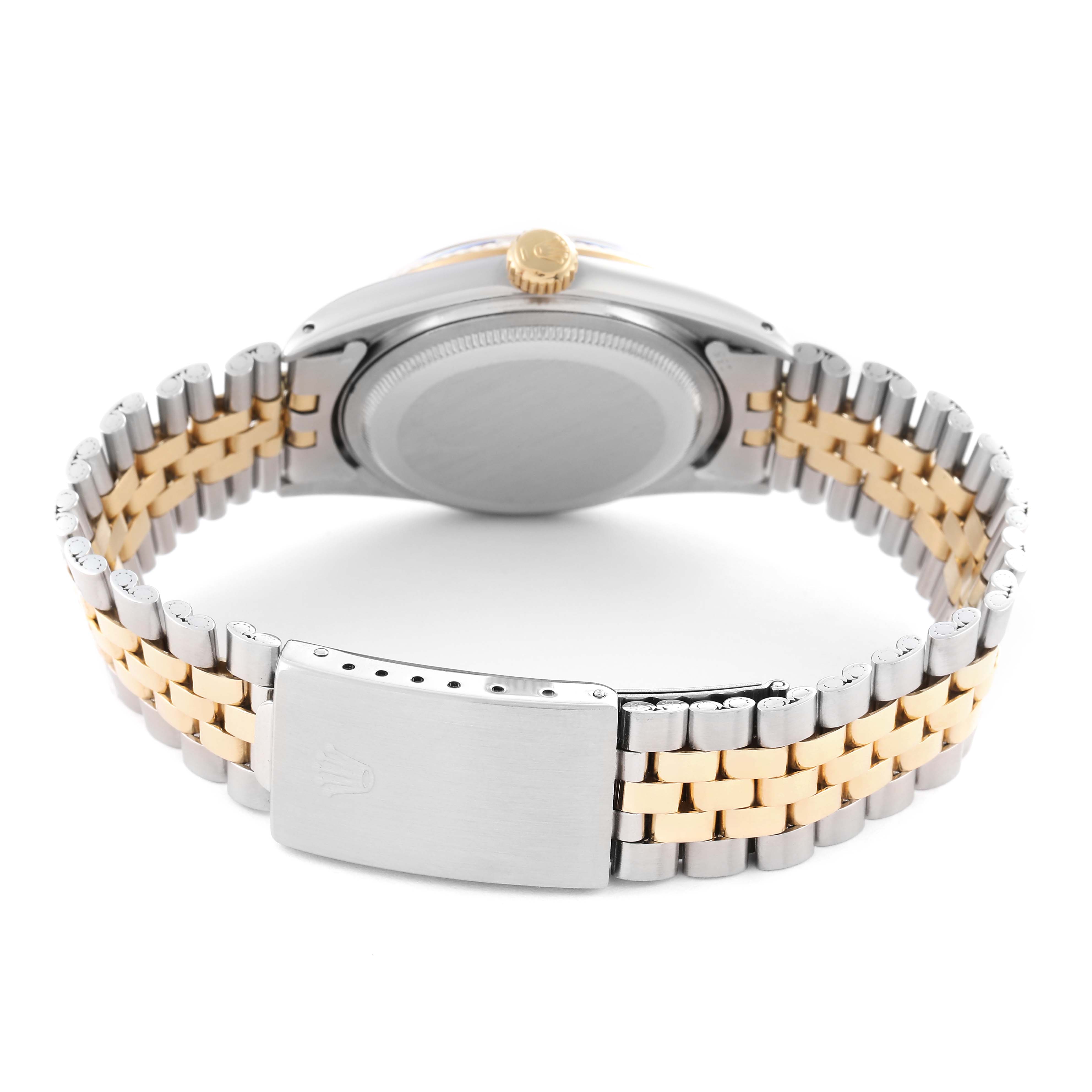 The image shows the back view of a Rolex Datejust 1603 Men
s Steel and Gold (two tone) Champagne Dial 1603 Men
s Steel and Gold (two tone) Champagne Dial, highlighting its case back, crown, and two-tone bracelet with clasp.