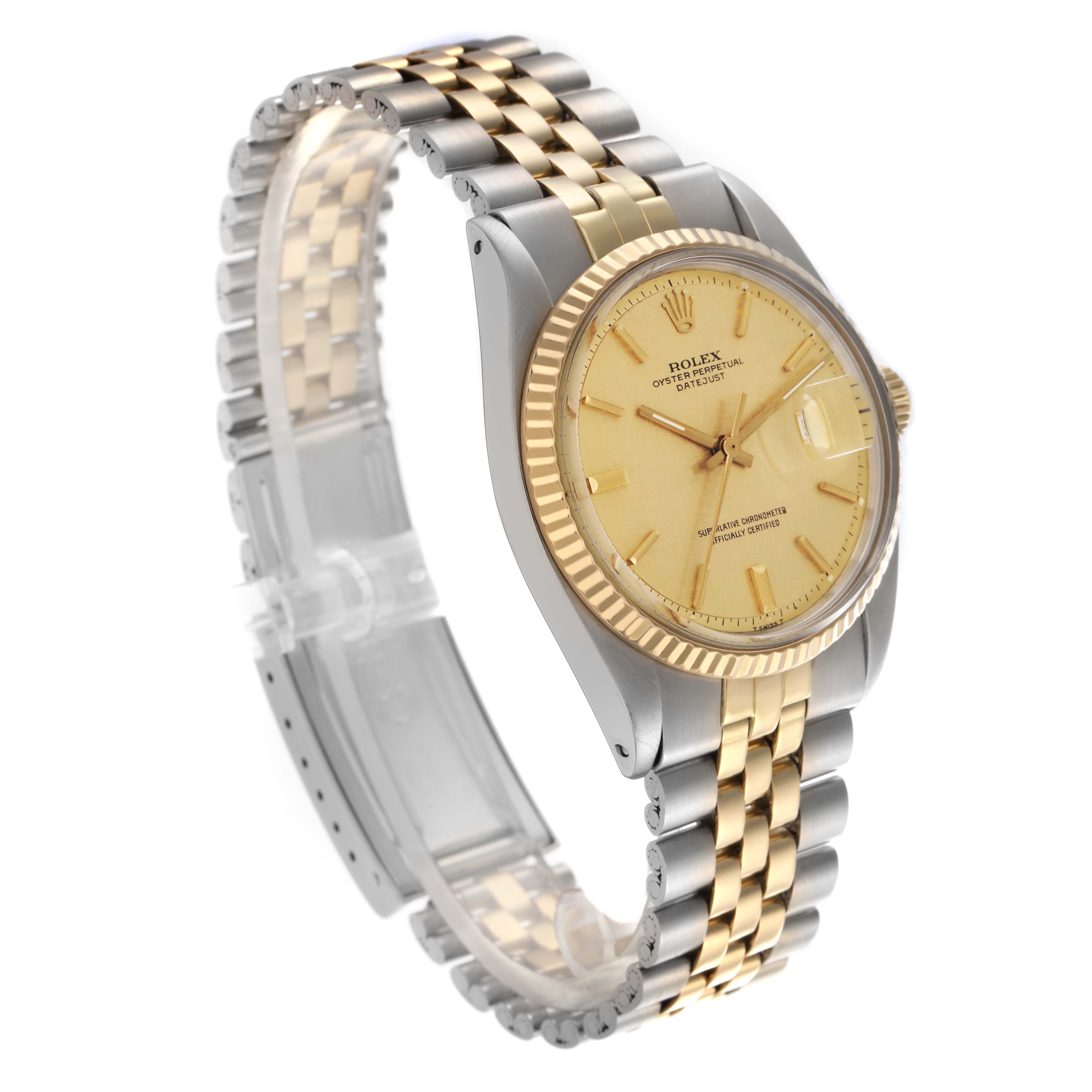 The image shows a Rolex Datejust 1603 Men
s Steel and Gold (two tone) Champagne Dial 1603 Men
s Steel and Gold (two tone) Champagne Dial watch at a three-quarter angle, highlighting the dial, bezel, crown, and two-tone bracelet.