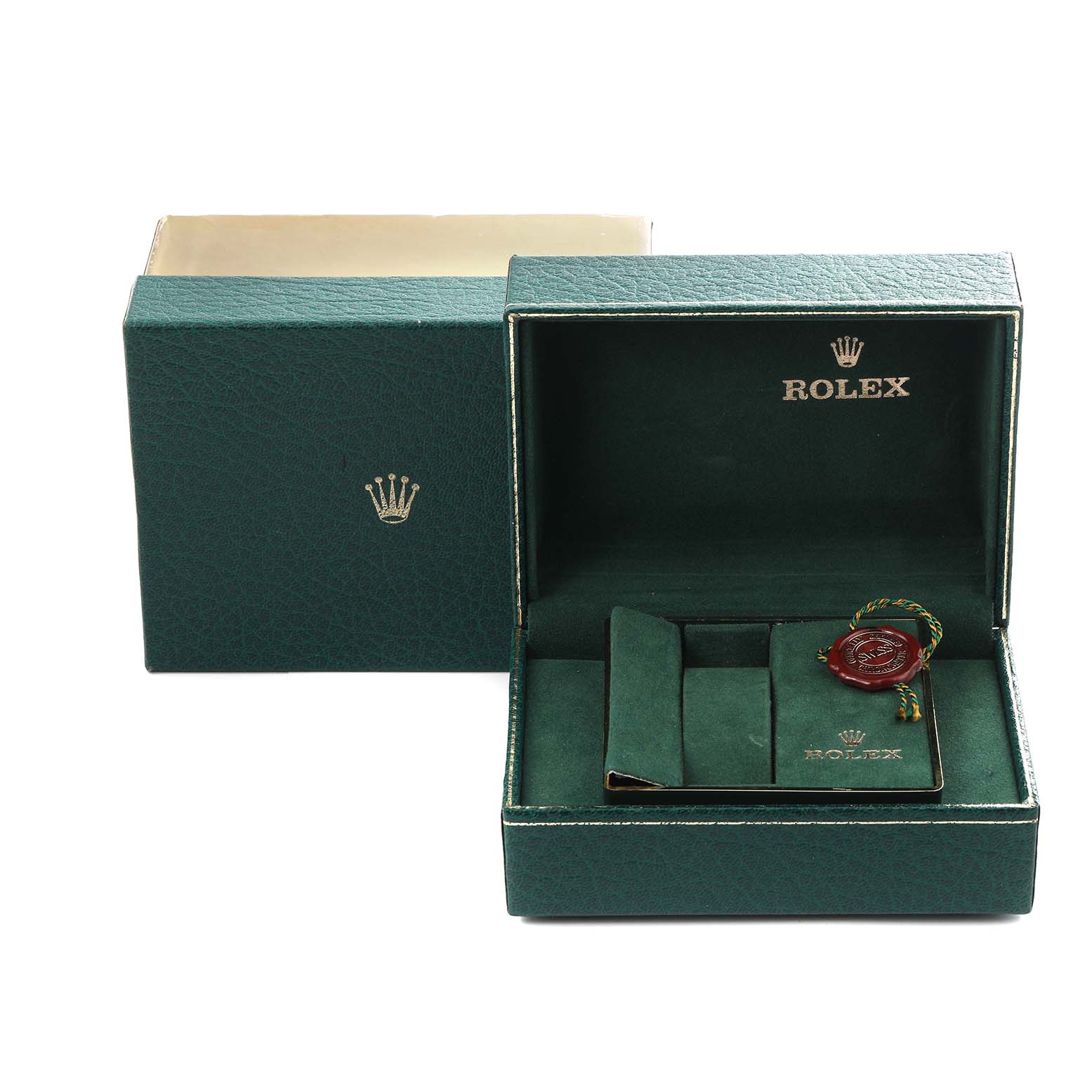 The image shows an open green Rolex Datejust 1603 Men
s Steel and Gold (two tone) Champagne Dial 1603 Men
s Steel and Gold (two tone) Champagne Dial box with a red seal and matching accessories, including a booklet.