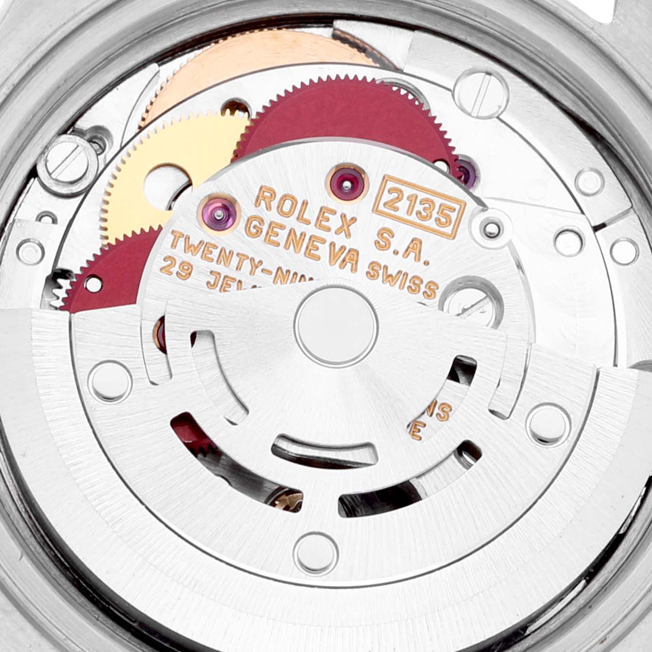 The image shows the intricate movement mechanism of a Rolex Datejust 69173 Women's Steel and Gold (two tone) White Dial 69173 Women's Steel and Gold (two tone) White Dial watch, viewed from the back.