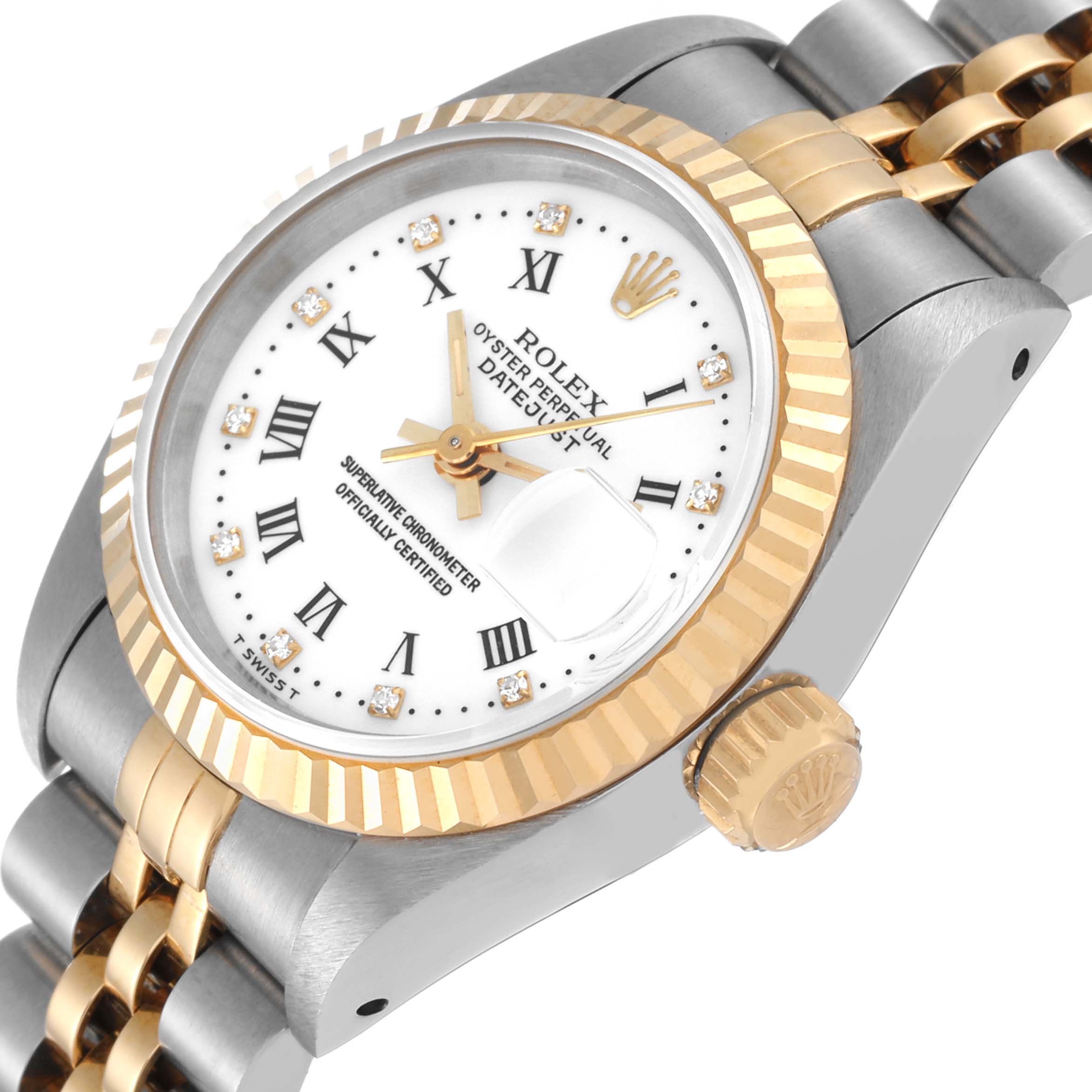 This image shows a close-up of the Rolex Datejust 69173 Women's Steel and Gold (two tone) White Dial 69173 Women's Steel and Gold (two tone) White Dial watch face, bezel, crown, and part of the two-tone bracelet at an angled view.