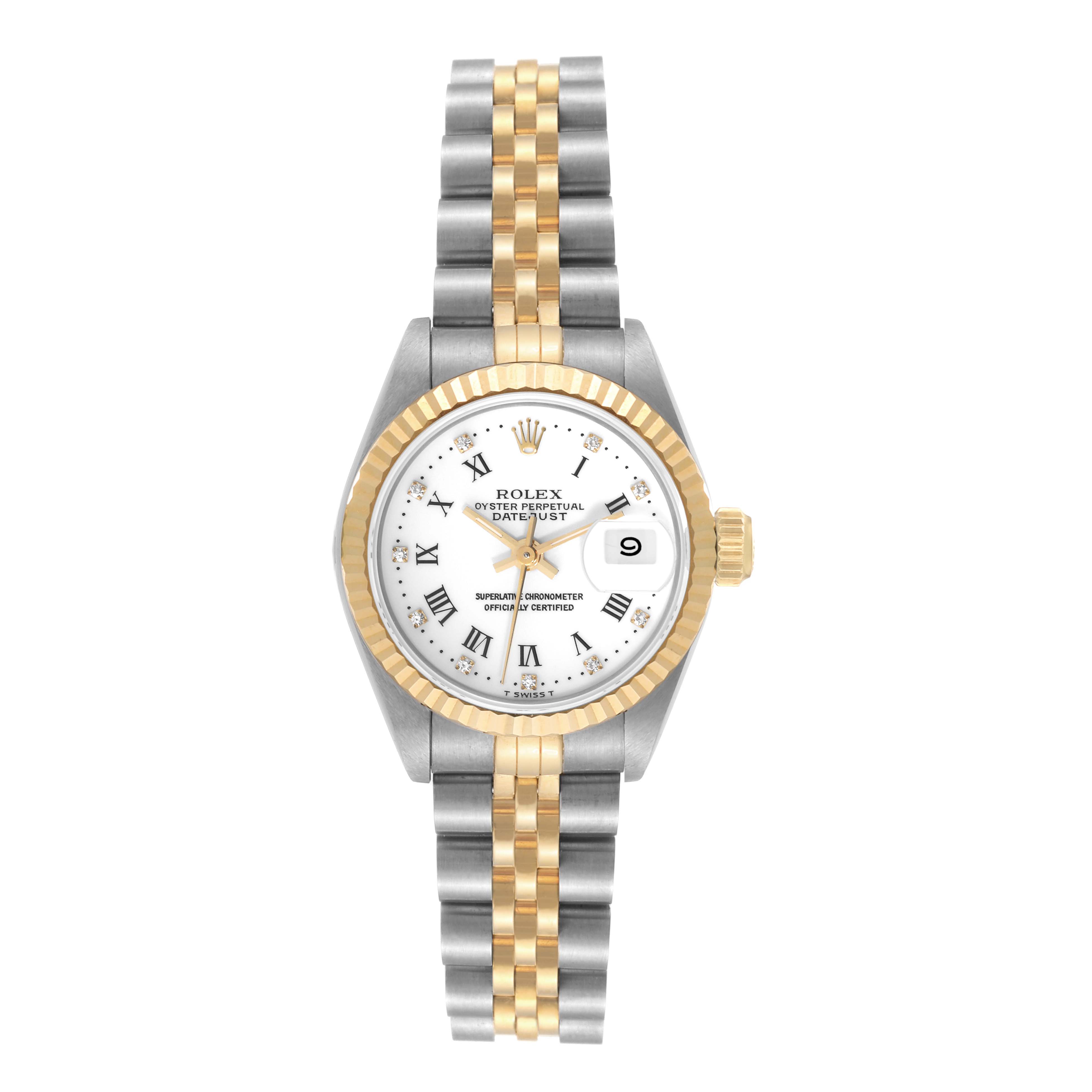 This image shows a Rolex Datejust 69173 Women's Steel and Gold (two tone) White Dial 69173 Women's Steel and Gold (two tone) White Dial watch from a front angle, displaying the face, bezel, and two-tone bracelet.