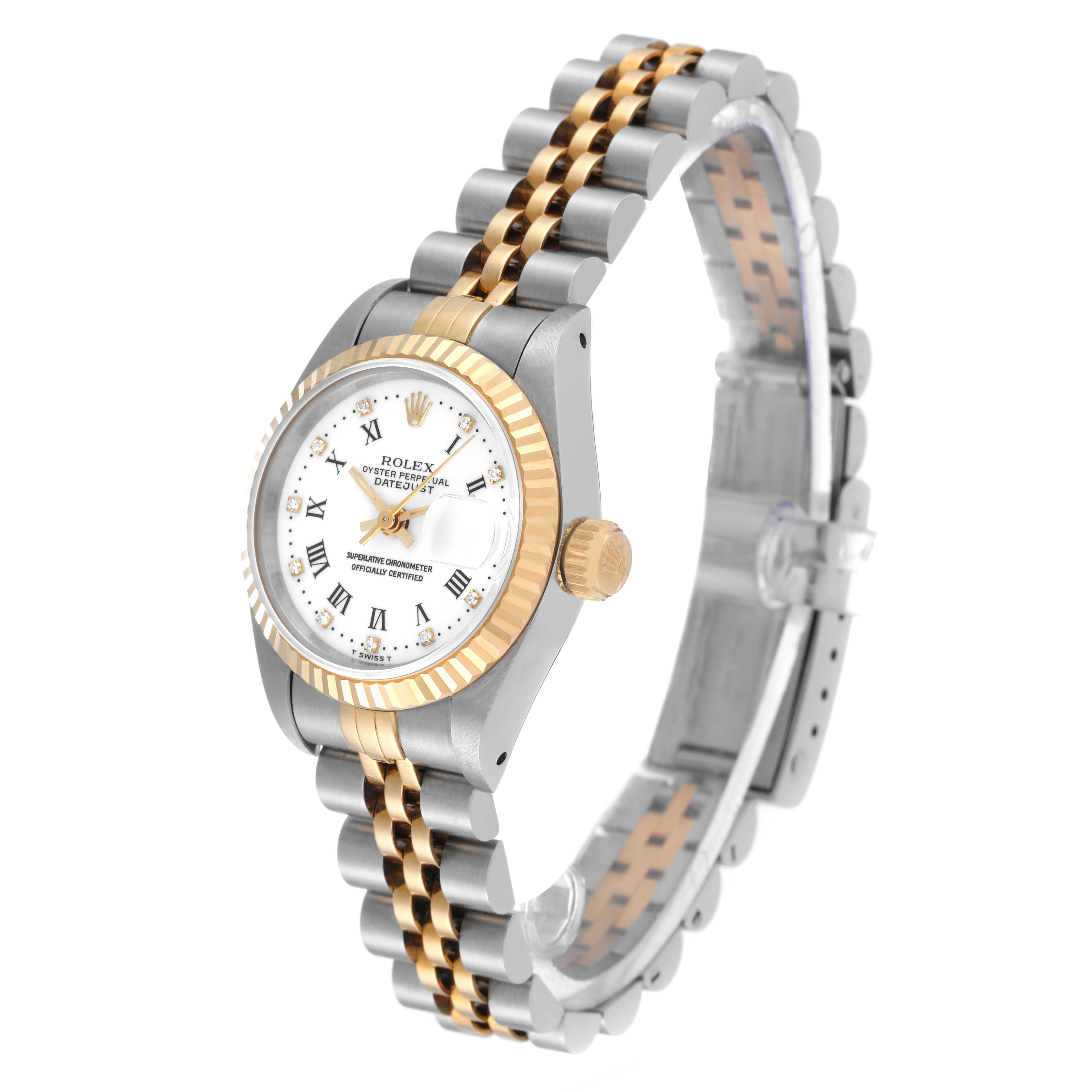 The Rolex Datejust 69173 Women's Steel and Gold (two tone) White Dial 69173 Women's Steel and Gold (two tone) White Dial watch is shown from an angled side view, showcasing the face, bezel, crown, and two-tone bracelet.