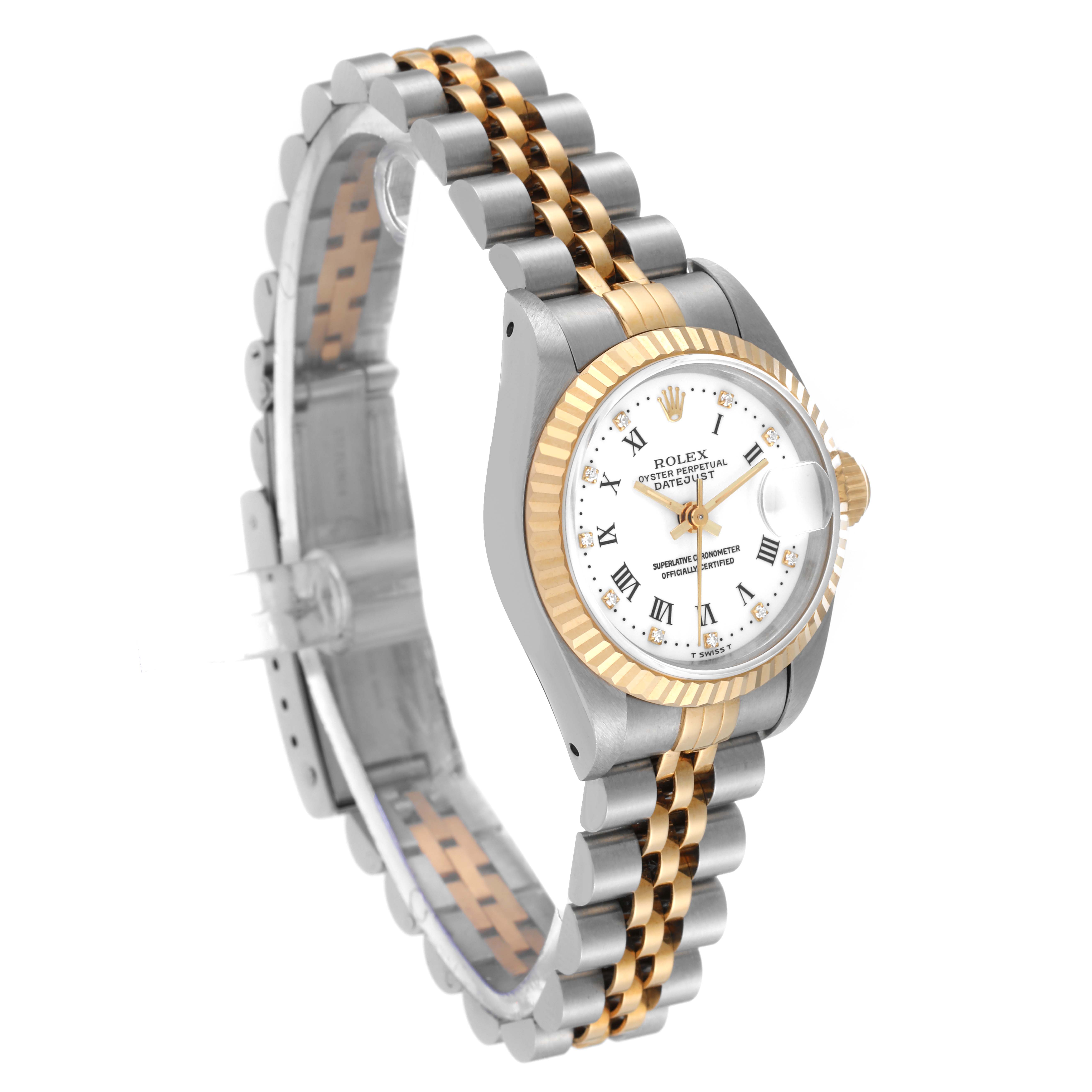 The image shows a Rolex Datejust 69173 Women's Steel and Gold (two tone) White Dial 69173 Women's Steel and Gold (two tone) White Dial watch angled to display both the face and the two-tone metal bracelet.