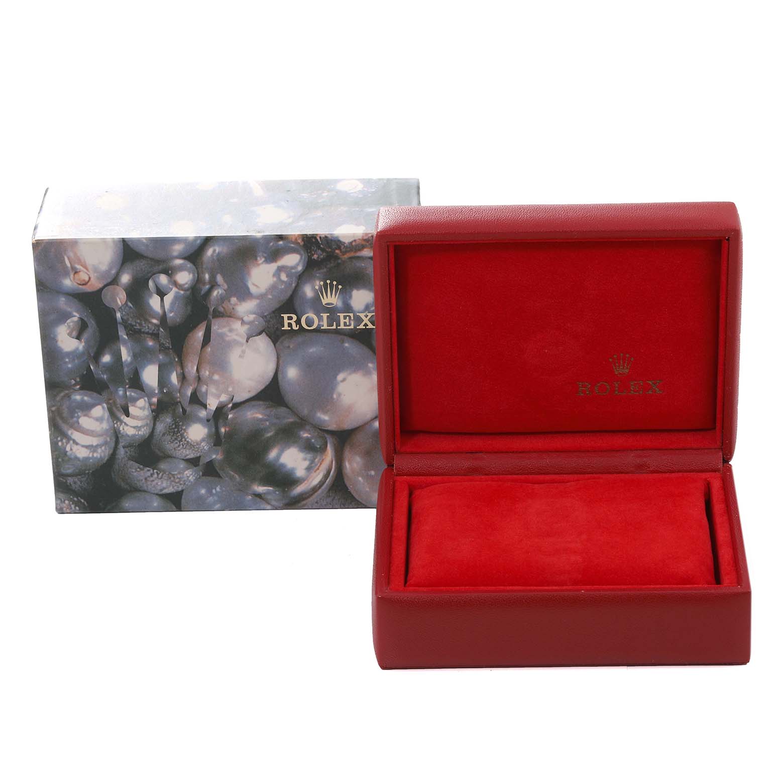 This image shows a Rolex Datejust 69173 Women's Steel and Gold (two tone) White Dial 69173 Women's Steel and Gold (two tone) White Dial watch box with the outer packaging and the inner red velvet-lined watch case.