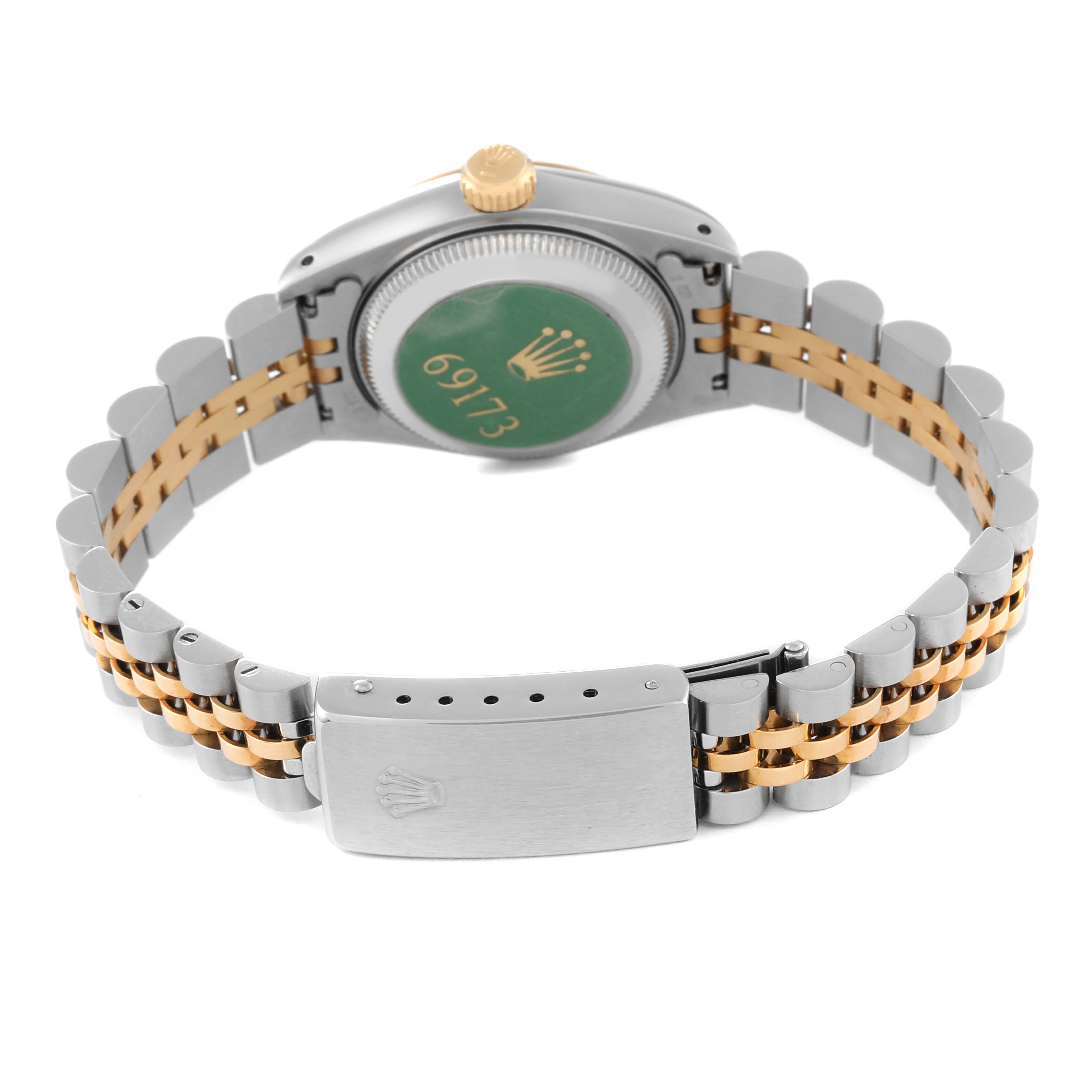This image shows the back view of a Rolex Datejust 69173 Women's Steel and Gold (two tone) White Dial 69173 Women's Steel and Gold (two tone) White Dial watch, highlighting the case back and two-tone bracelet.