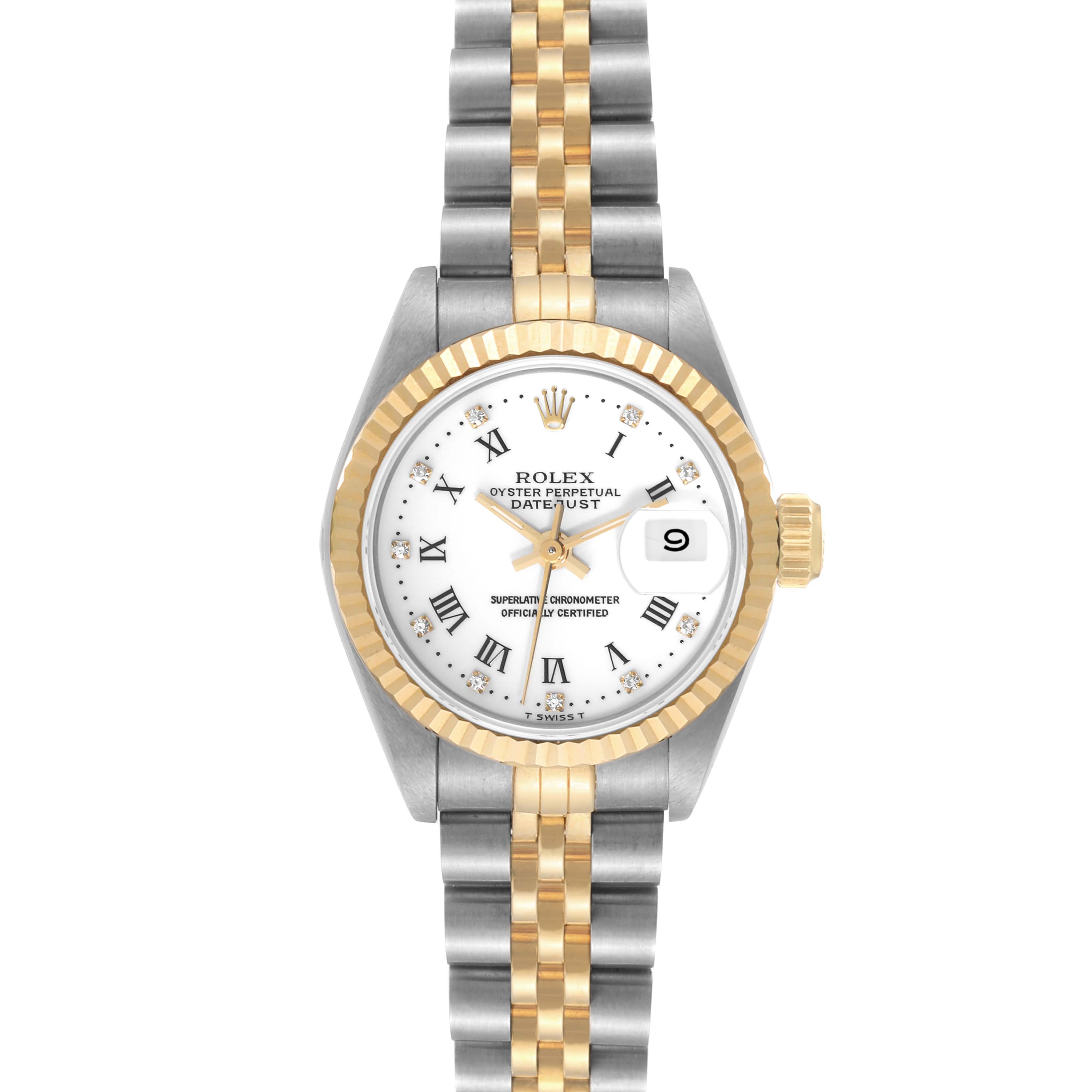 The image shows a front view of a Rolex Datejust 69173 Women's Steel and Gold (two tone) White Dial 69173 Women's Steel and Gold (two tone) White Dial watch, highlighting the dial, bezel, and two-tone bracelet.