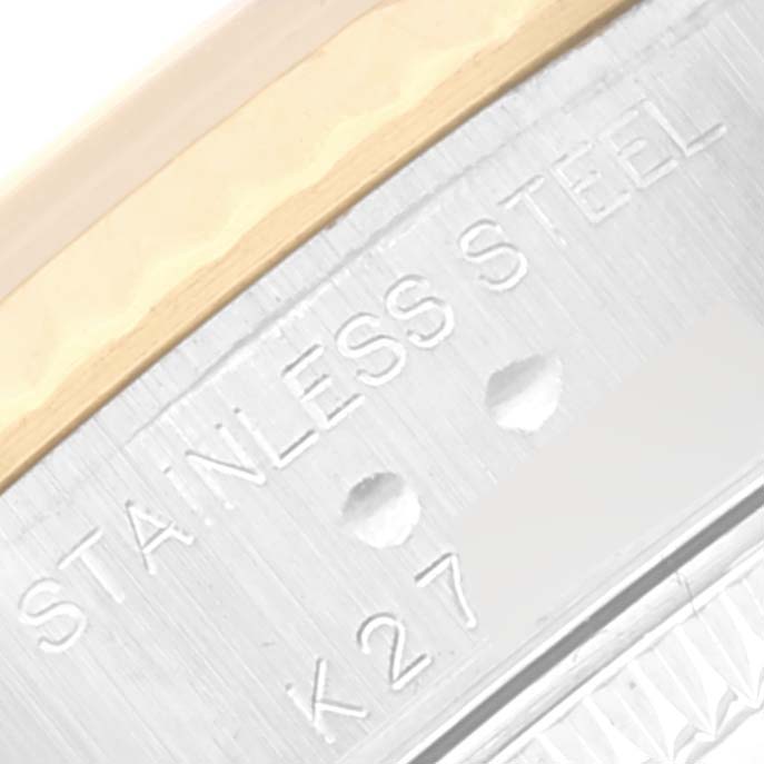 The image shows a close-up of the stainless steel casing of a Rolex Datejust 79173 Women's Stainless Steel Silver Dial 79173 Women's Stainless Steel Silver Dial model watch.