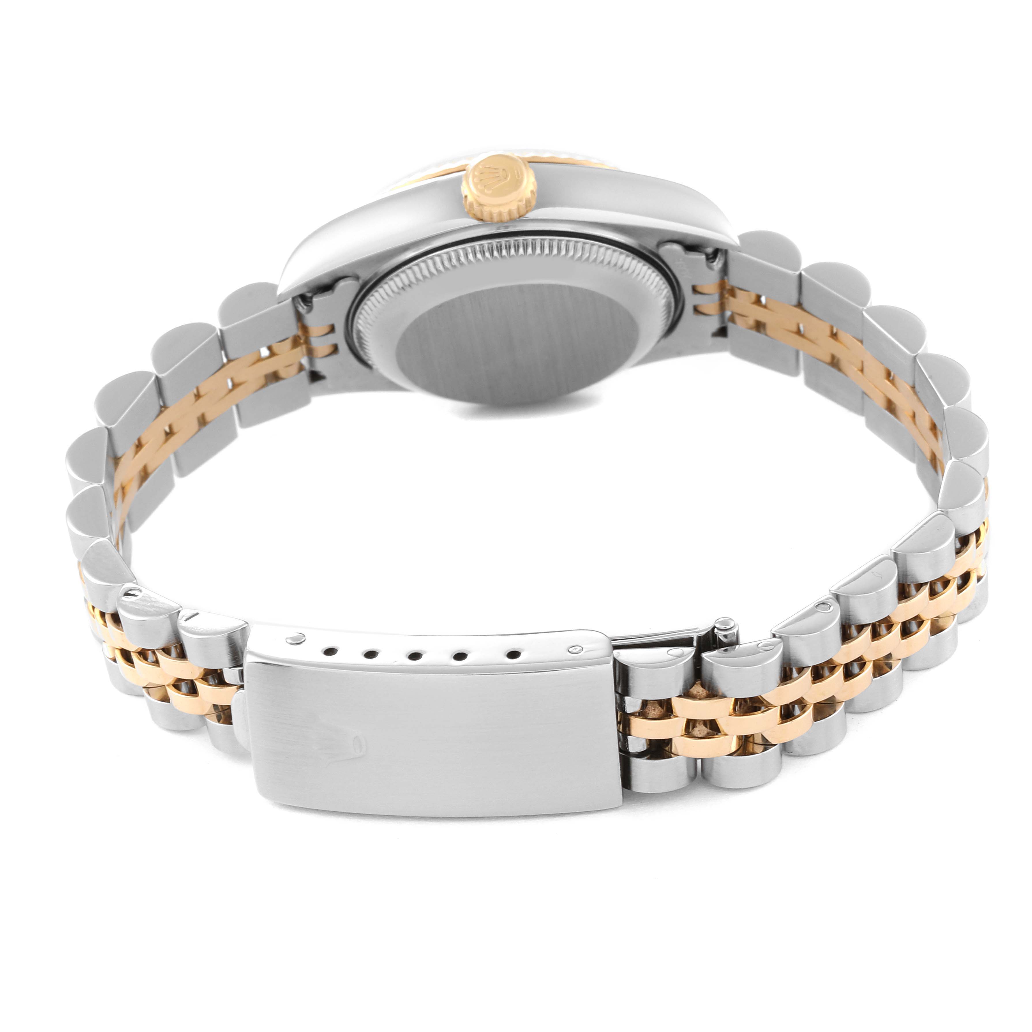 This image shows the back and side profile of a Rolex Datejust 79173 Women's Stainless Steel Silver Dial 79173 Women's Stainless Steel Silver Dial watch, highlighting its two-tone bracelet and clasp.