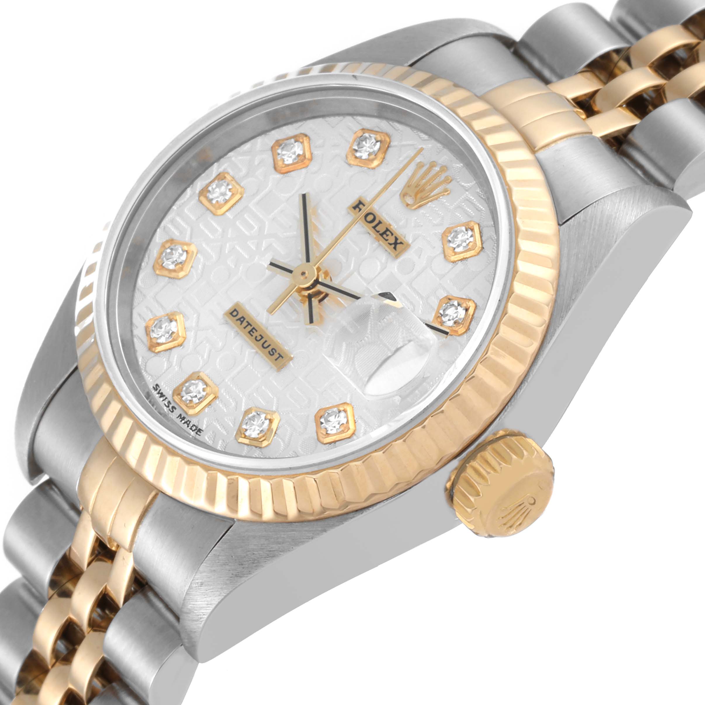 The image shows a close-up angle of a Rolex Datejust 79173 Women's Stainless Steel Silver Dial 79173 Women's Stainless Steel Silver Dial watch, highlighting the dial, bezel, crown, and part of the bracelet.