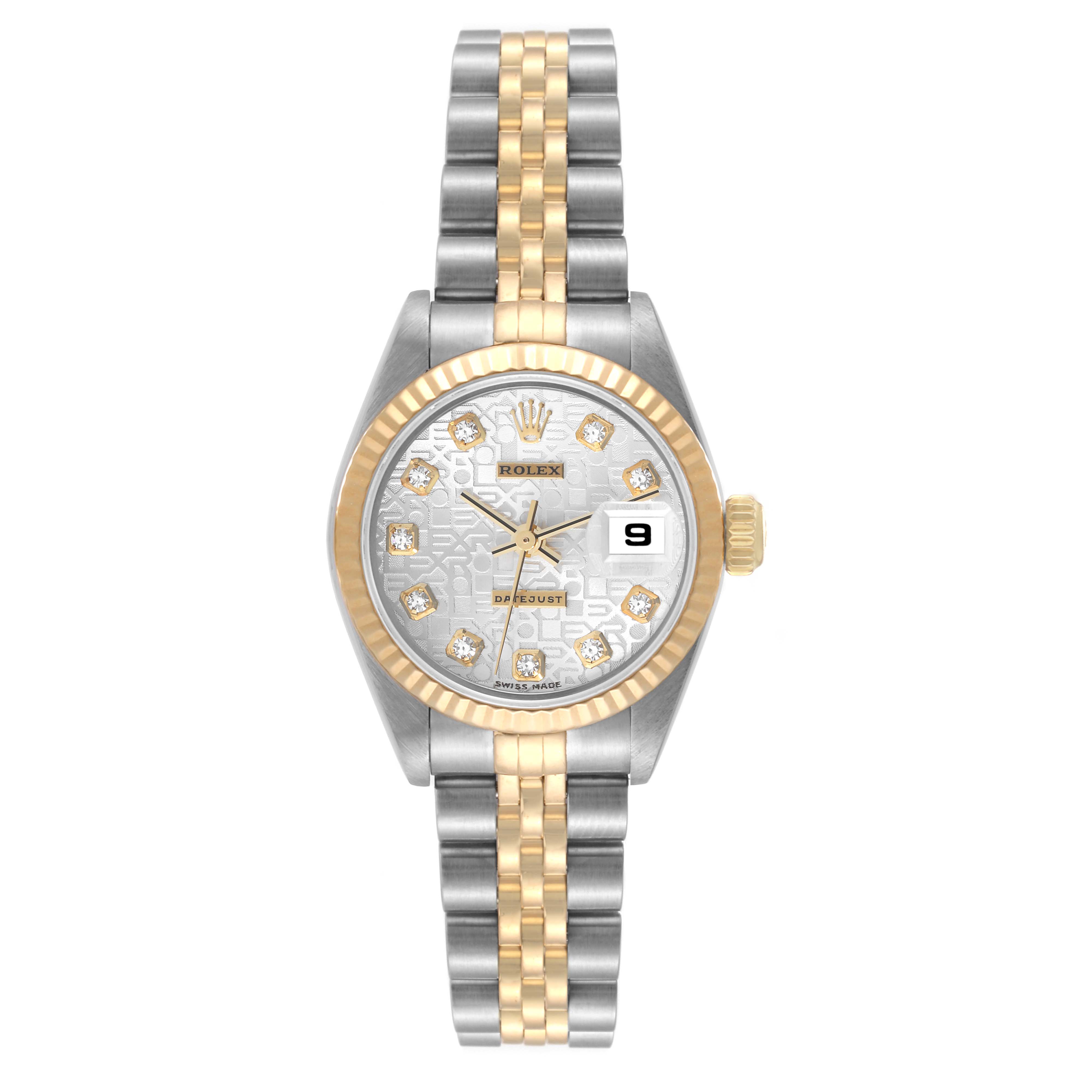 This image shows the front view of a Rolex Datejust 79173 Women's Stainless Steel Silver Dial 79173 Women's Stainless Steel Silver Dial watch, featuring a two-tone bracelet and a diamond-accented dial with a date window.