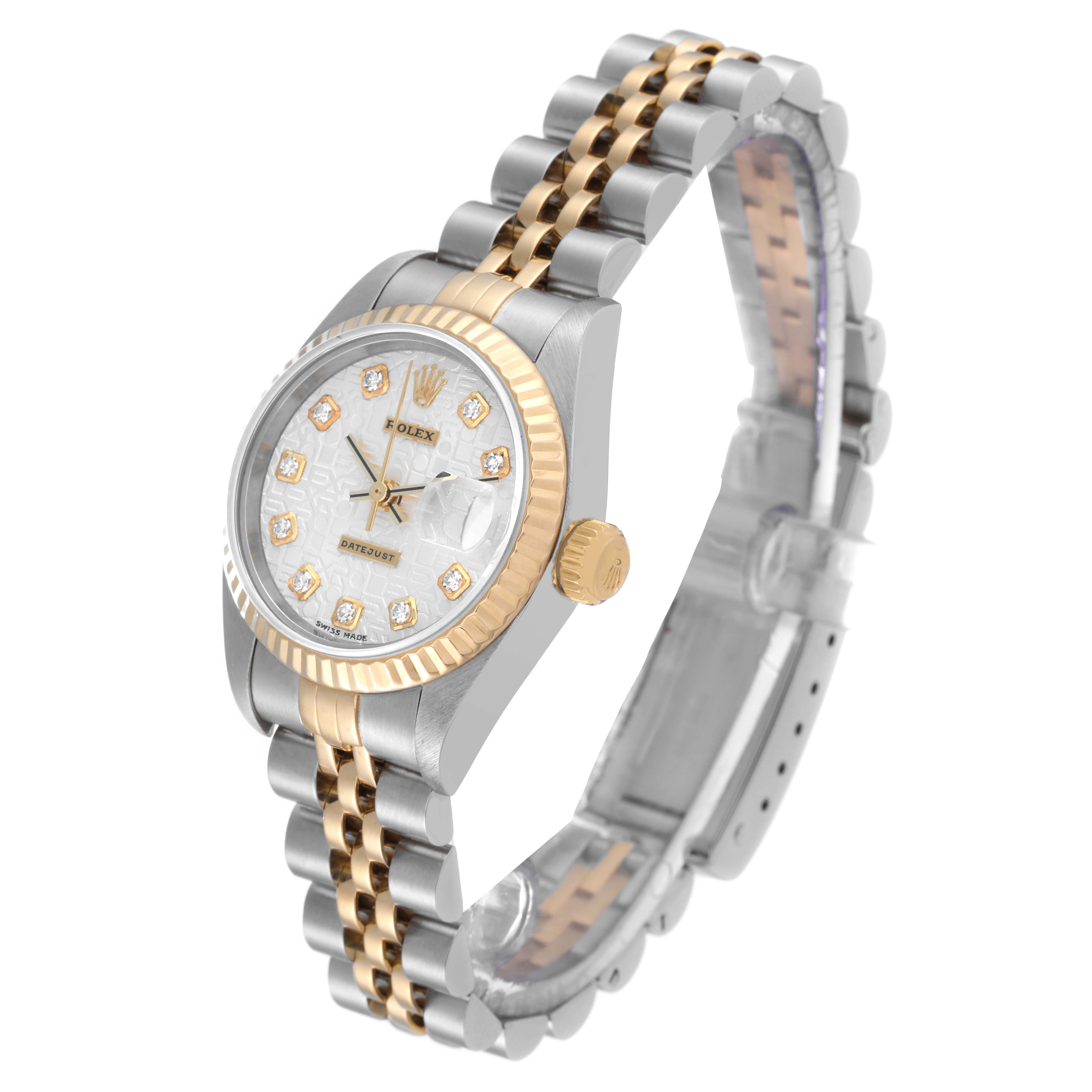 This image shows a Rolex Datejust 79173 Women's Stainless Steel Silver Dial 79173 Women's Stainless Steel Silver Dial watch at a three-quarter view, highlighting the dial, bezel, and bracelet.