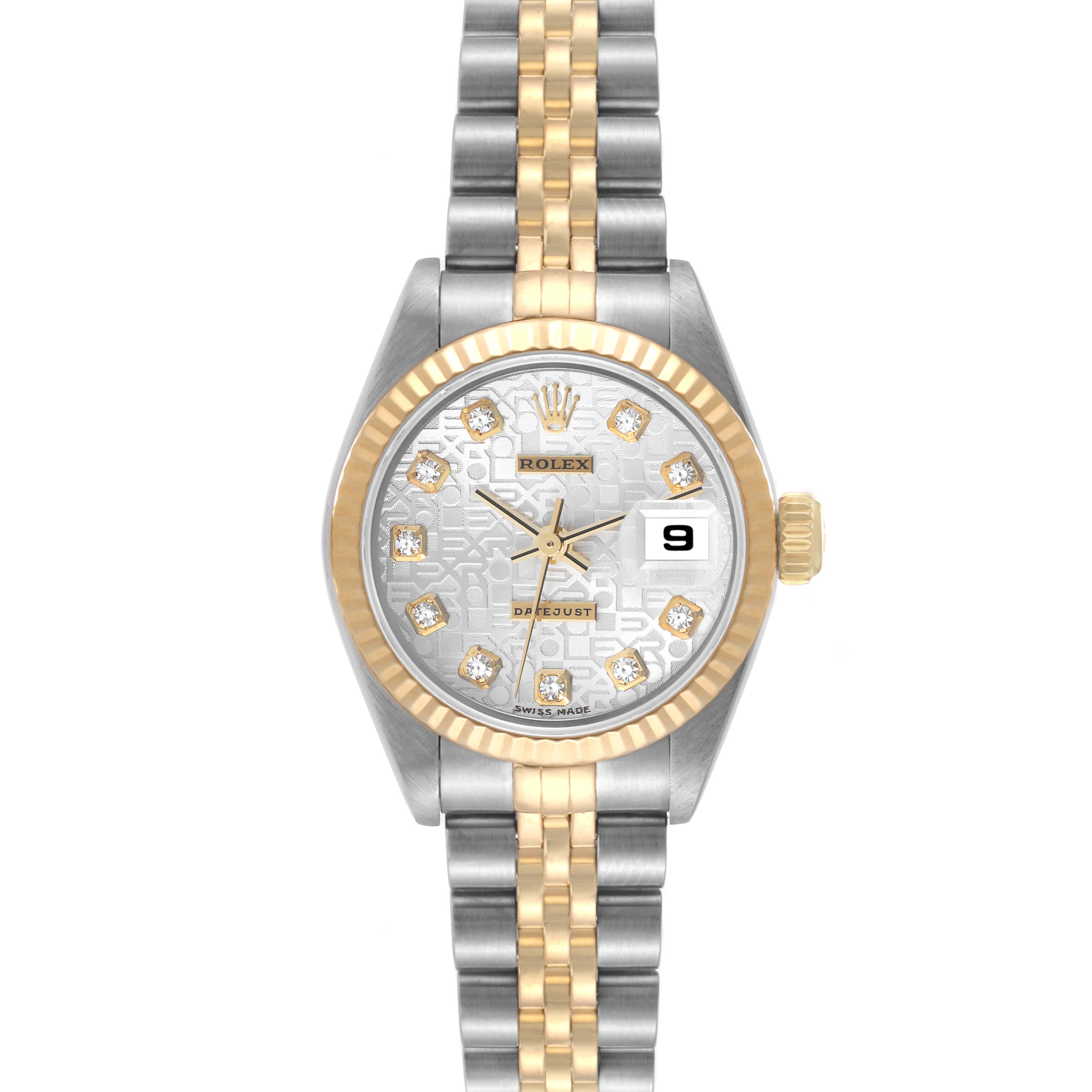 The image shows a frontal view of a Rolex Datejust 79173 Women's Stainless Steel Silver Dial 79173 Women's Stainless Steel Silver Dial watch, highlighting the dial, date window, and two-tone bracelet.