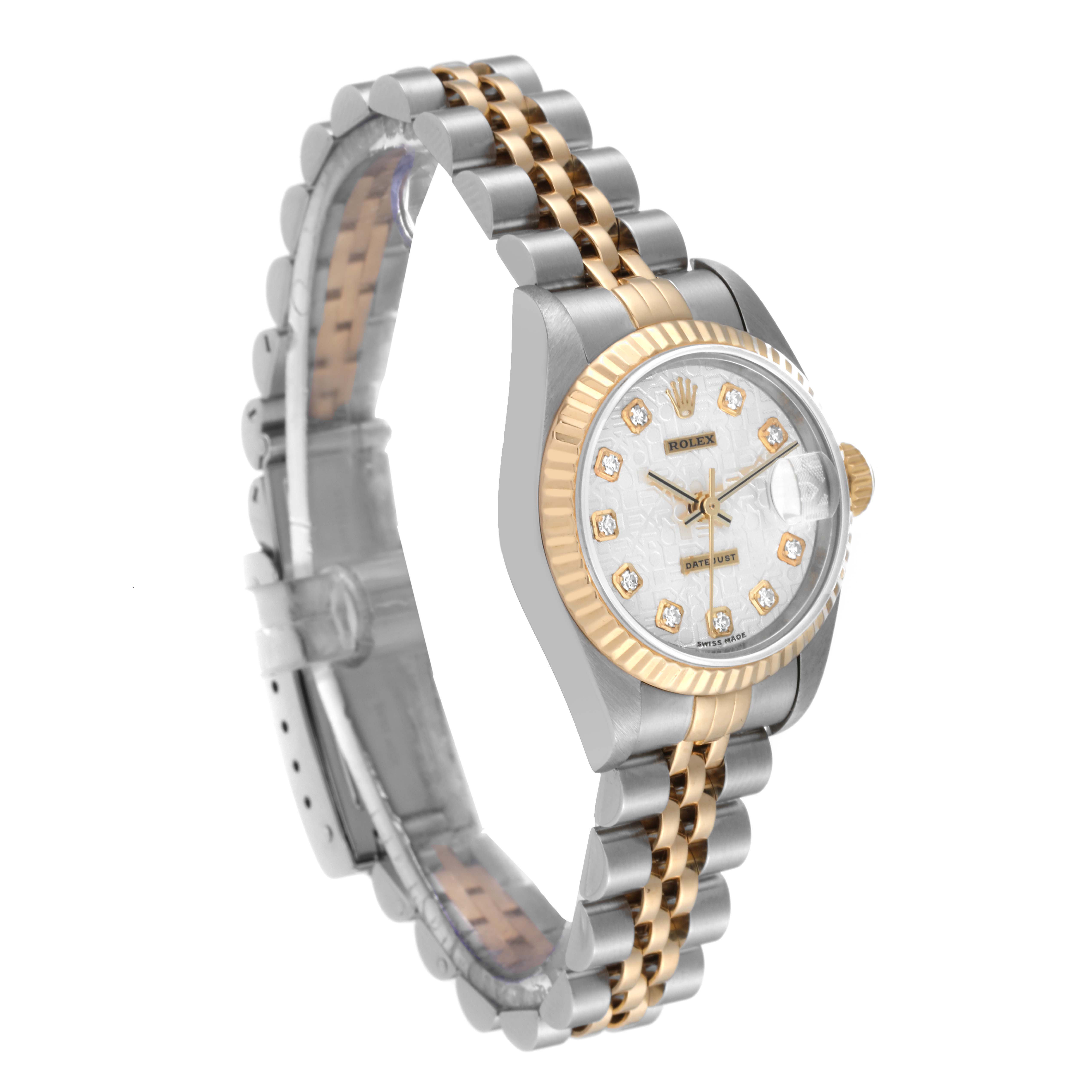 This image displays a Rolex Datejust 79173 Women's Stainless Steel Silver Dial 79173 Women's Stainless Steel Silver Dial watch at a three-quarter angle, showcasing its face, bezel, and bracelet.