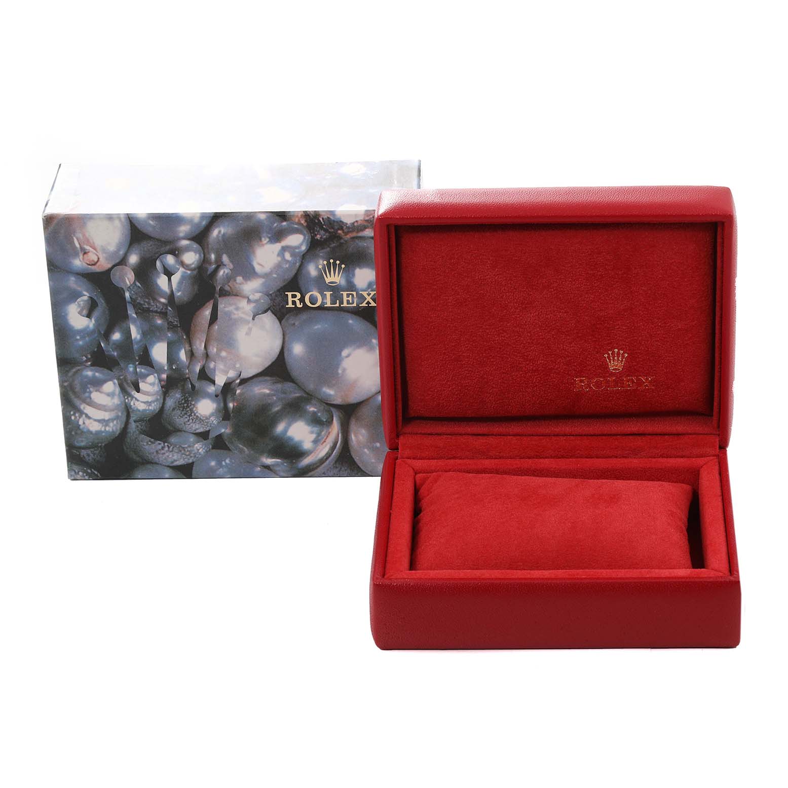 The image shows an empty red watch box and an outer box for a Rolex Datejust 79173 Women's Stainless Steel Silver Dial 79173 Women's Stainless Steel Silver Dial model.