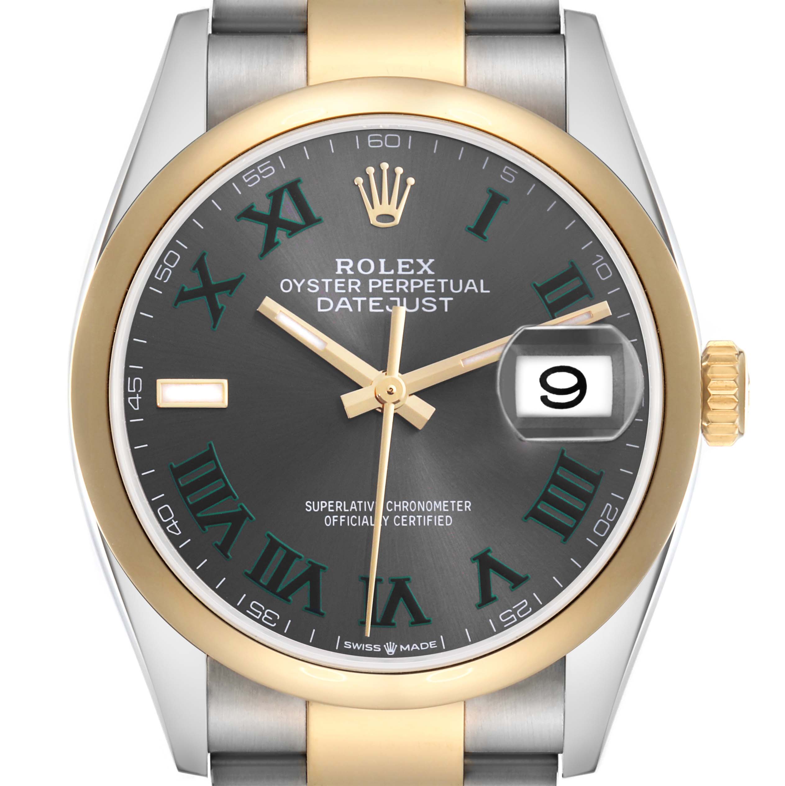 The image shows a Rolex Datejust 126203 Men
s Steel and Gold (two tone) Grey Dial 126203 Men
s Steel and Gold (two tone) Grey Dial watch from the front, displaying the dial, hands, date, and crown.