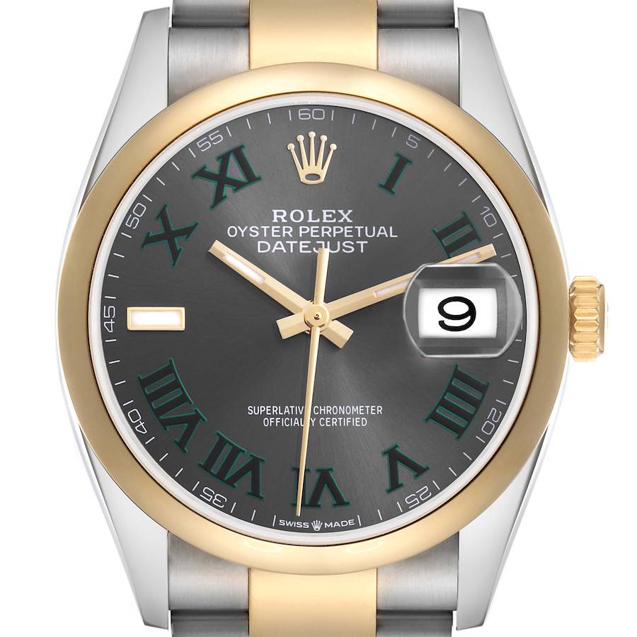 The image shows a Rolex Datejust watch from the front, displaying the dial, hands, date, and crown.