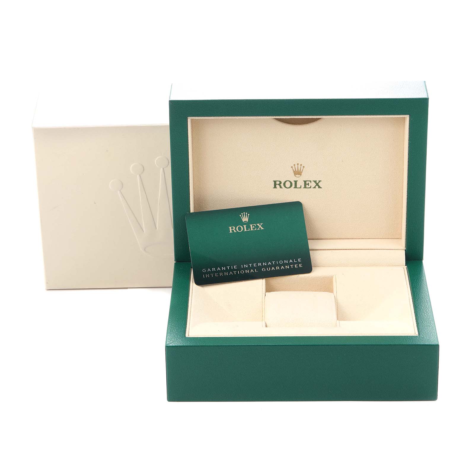The image shows the packaging and guarantee card for a Rolex Datejust 126203 Men
s Steel and Gold (two tone) Grey Dial 126203 Men
s Steel and Gold (two tone) Grey Dial watch.